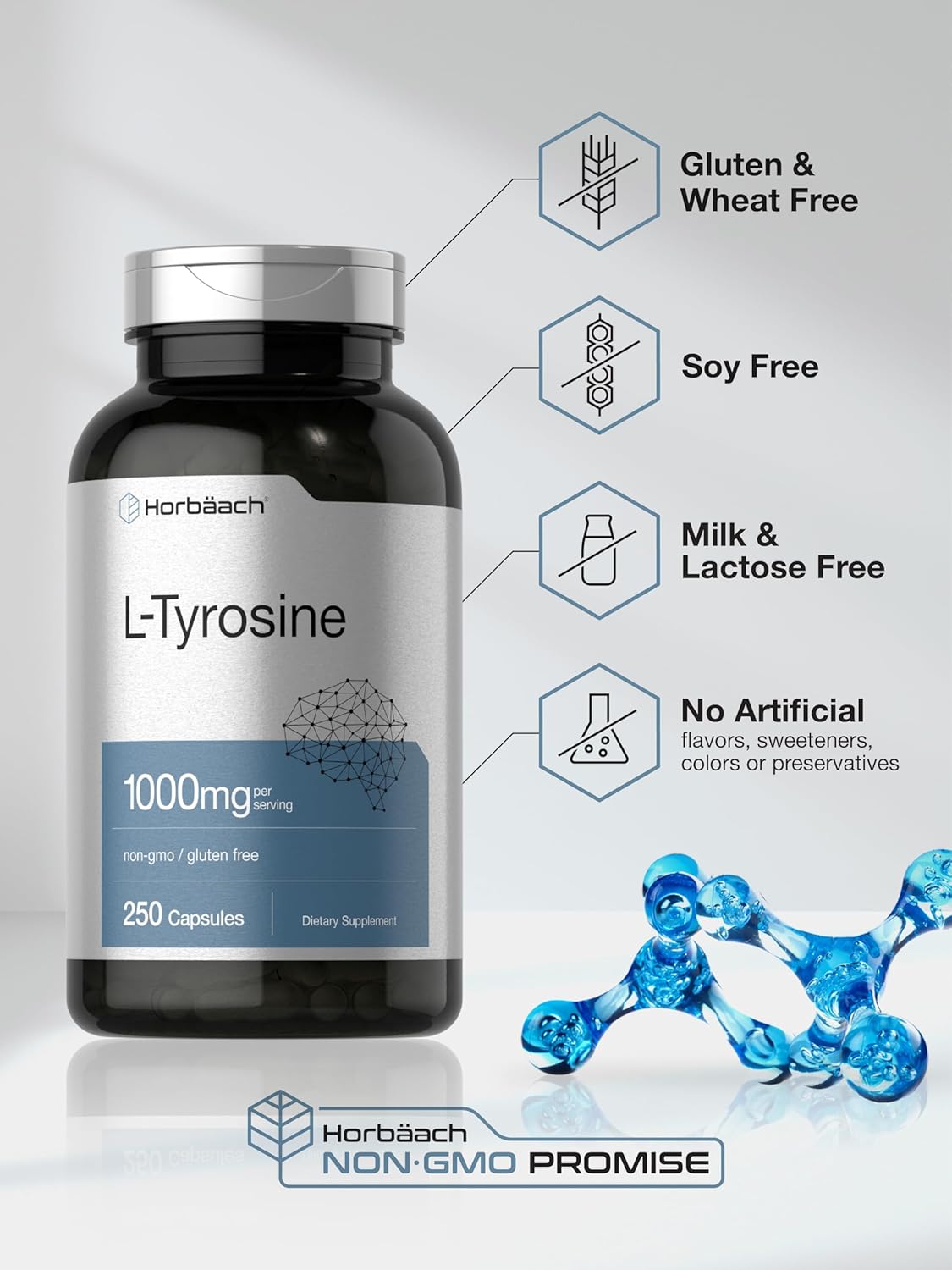Premium 1000mg L-Tyrosine Supplement - 250 Capsules - Non-GMO & Gluten Free
