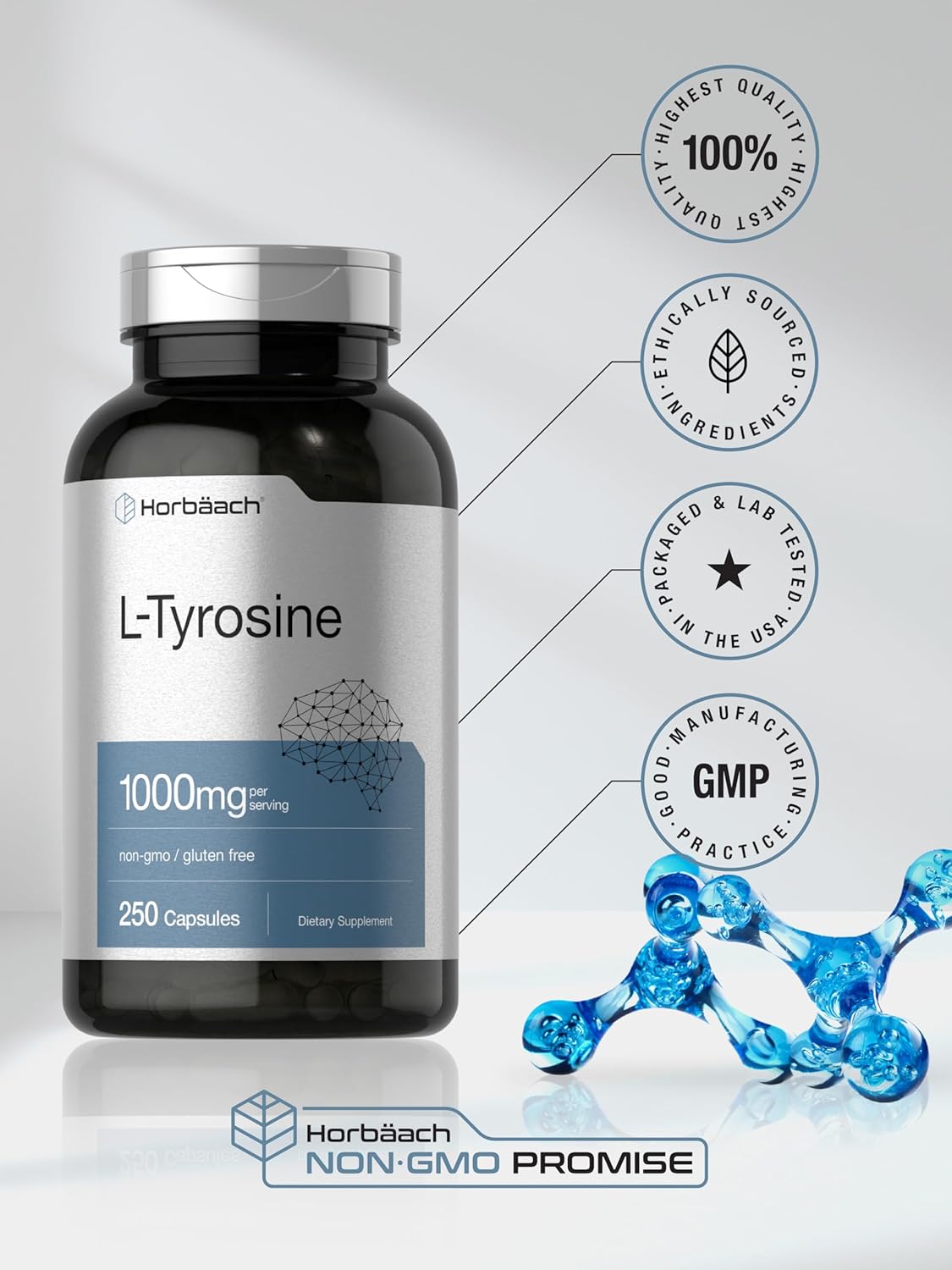 Premium 1000mg L-Tyrosine Supplement - 250 Capsules - Non-GMO & Gluten Free