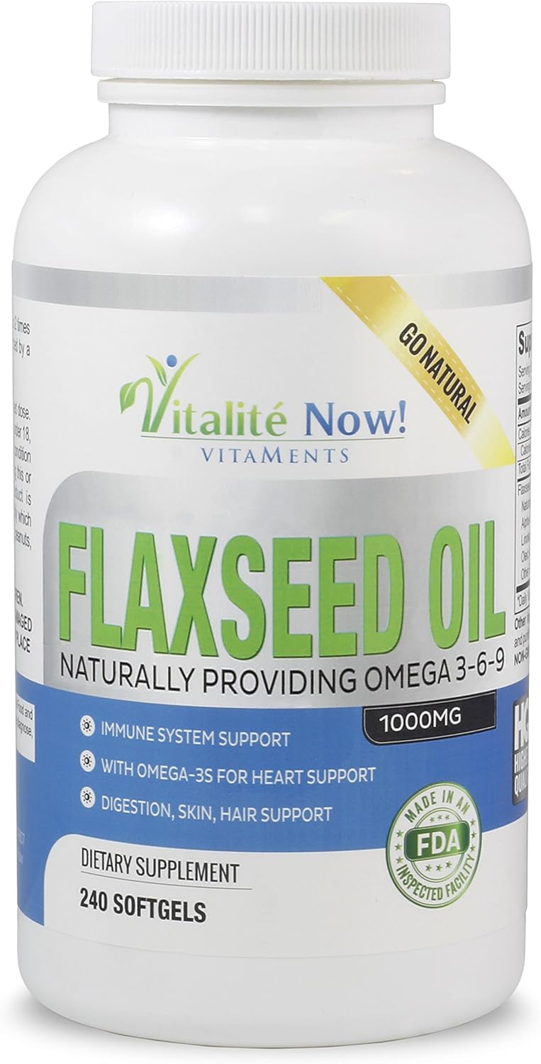 Premium 1000mg Organic Flaxseed Oil Softgels - Cold Pressed from Flax Seeds - Hair Skin & Nails Support - Omega 3-6-9 Supplement - 240 Count - 8+ Months Supply
