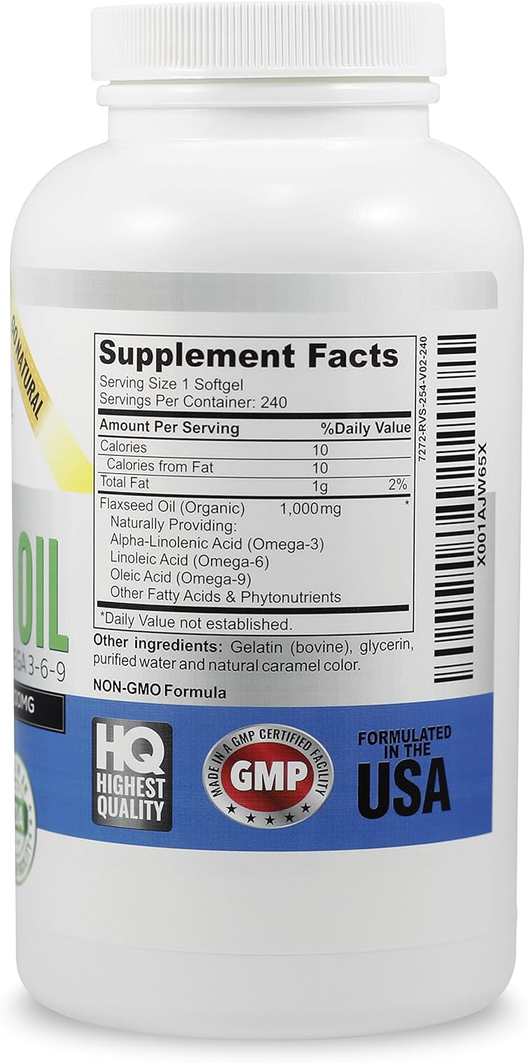 Premium 1000mg Organic Flaxseed Oil Softgels - Cold Pressed from Flax Seeds - Hair Skin & Nails Support - Omega 3-6-9 Supplement - 240 Count - 8+ Months Supply