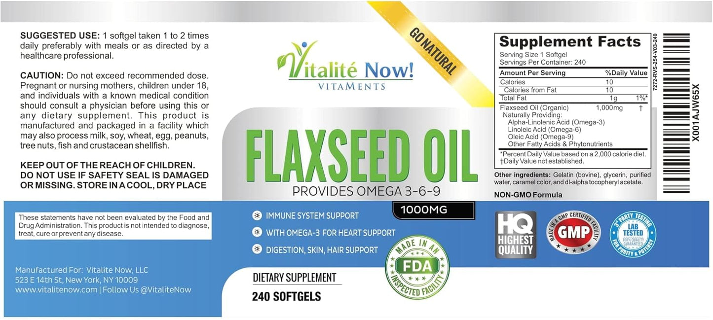 Premium 1000mg Organic Flaxseed Oil Softgels - Cold Pressed from Flax Seeds - Hair Skin & Nails Support - Omega 3-6-9 Supplement - 240 Count - 8+ Months Supply