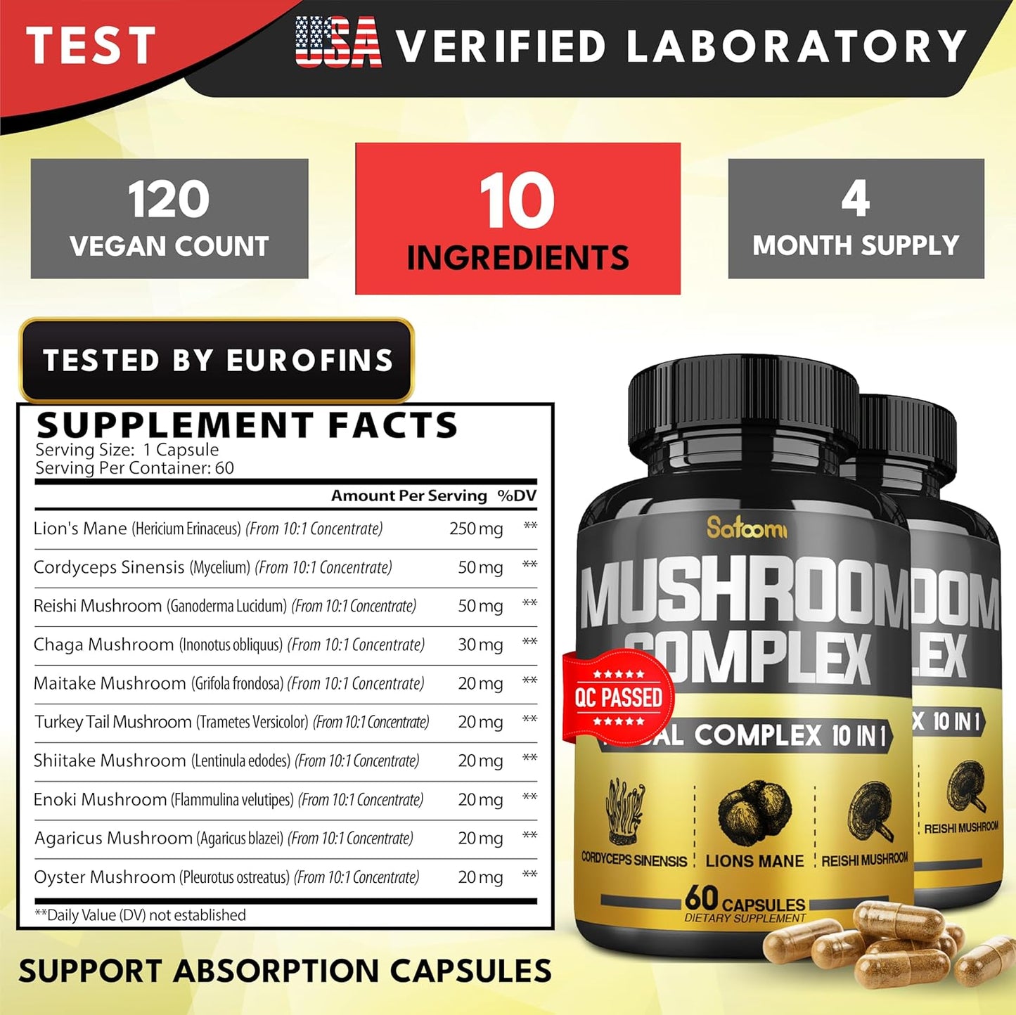 Premium 10in1 Mushroom Complex Supplements Capsules - 4 Month Supply - Includes Lions Mane, Cordyceps, Reishi, Chaga, Maitake, Shitake - 2 Packs of 60 Capsules