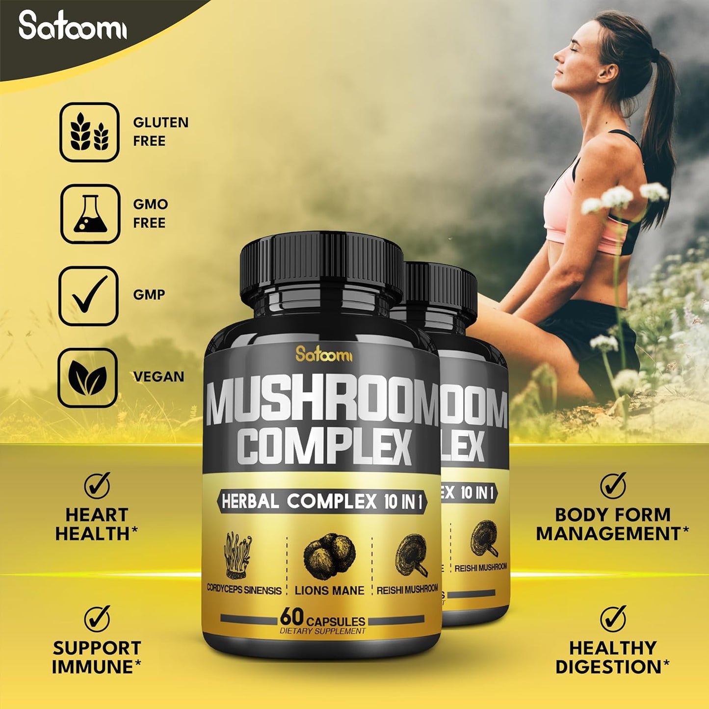 Premium 10in1 Mushroom Complex Supplements Capsules - 4 Month Supply - Includes Lions Mane, Cordyceps, Reishi, Chaga, Maitake, Shitake - 2 Packs of 60 Capsules