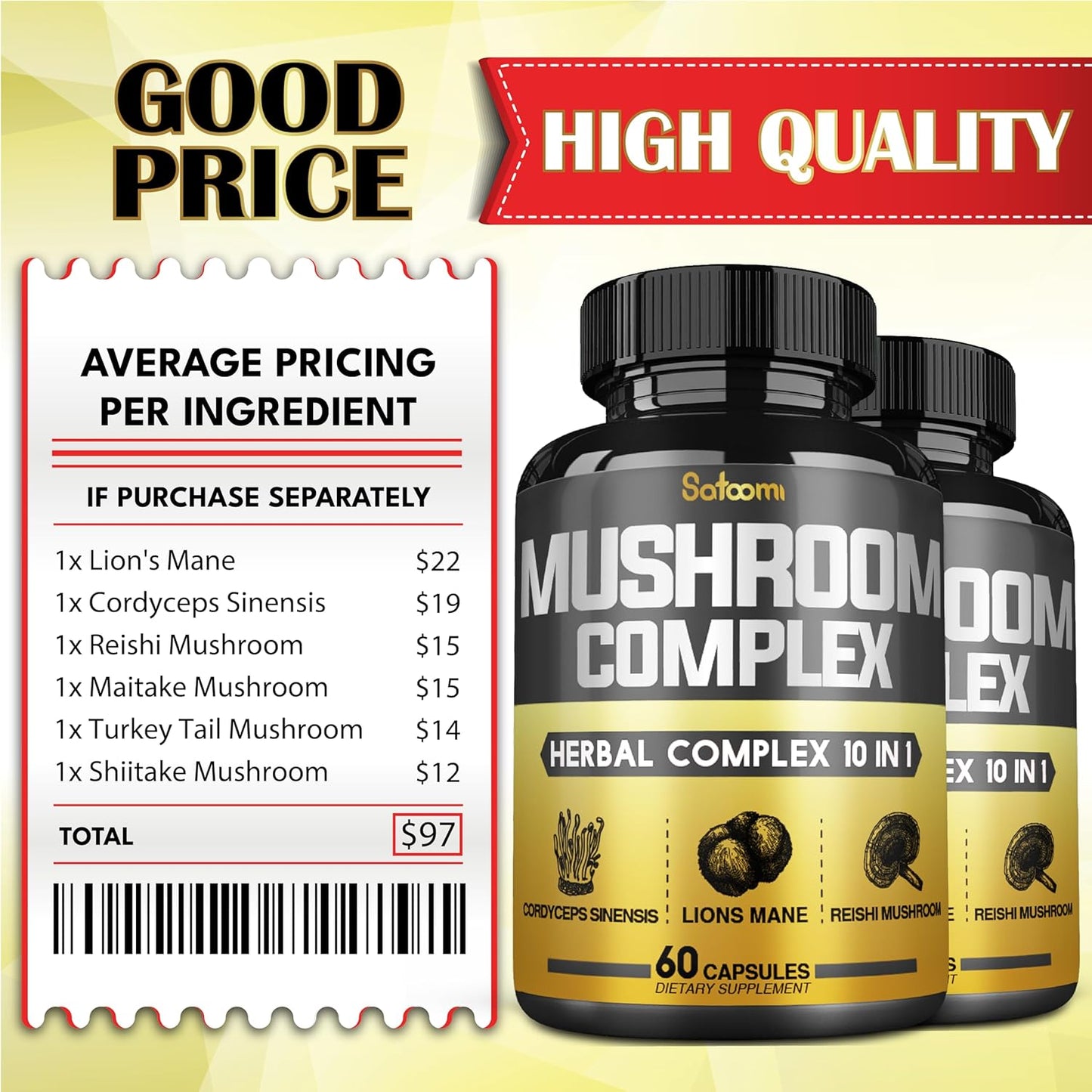 Premium 10in1 Mushroom Complex Supplements Capsules - 4 Month Supply - Includes Lions Mane, Cordyceps, Reishi, Chaga, Maitake, Shitake - 2 Packs of 60 Capsules