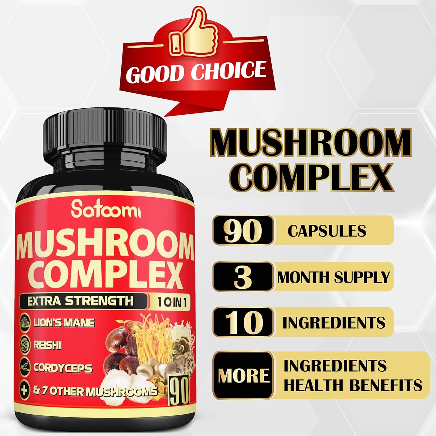 Premium 10in1 Mushroom Supplement Complex - Lions Mane, Cordyceps, Reishi, Chaga - Memory and Focus Brain Supplements - 90 Day Supply
