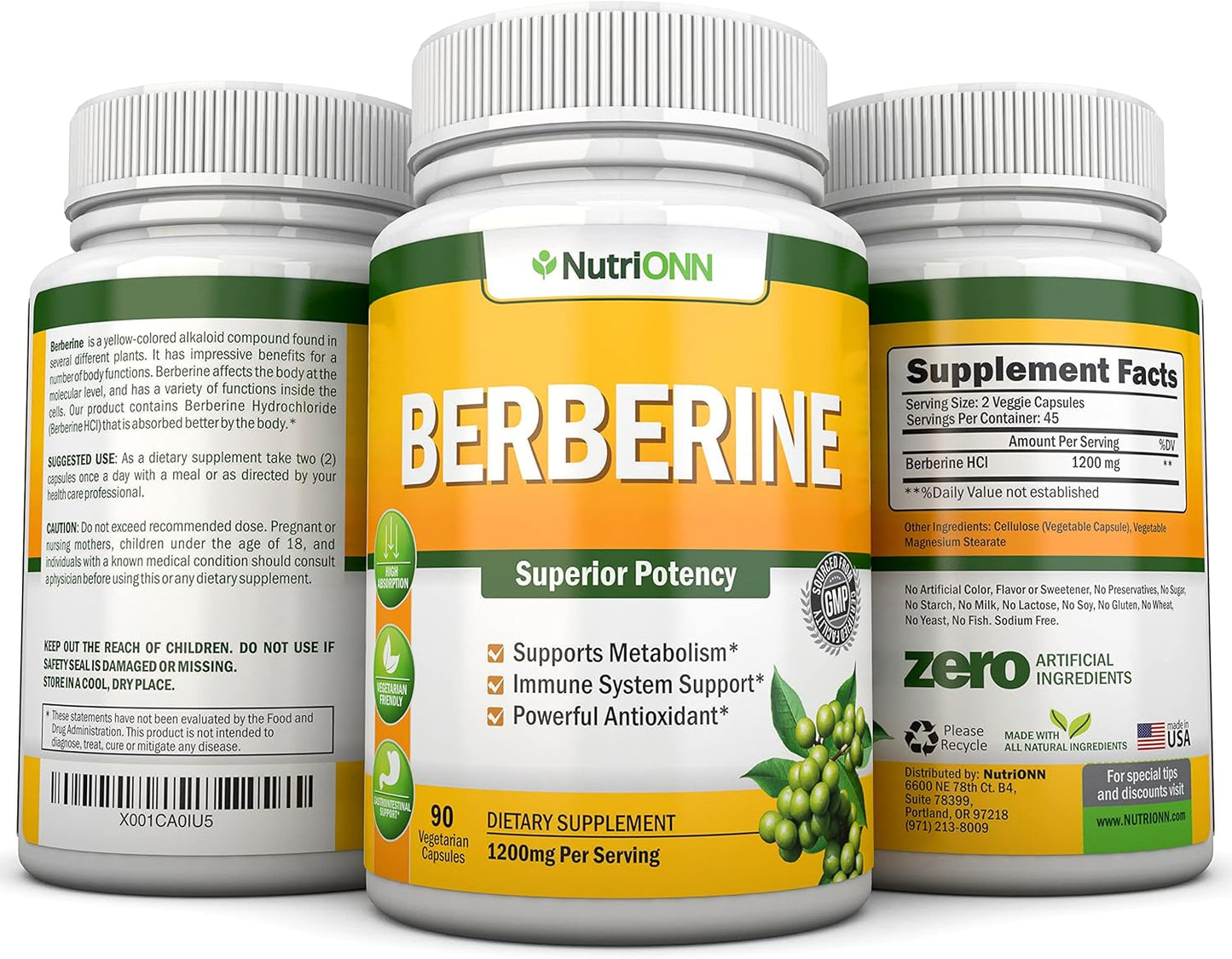 Premium 1200mg Berberine HCL Supplement - 90 Capsules for Immune Health - Vegetarian Formula - High Potency NutriONN Berberine