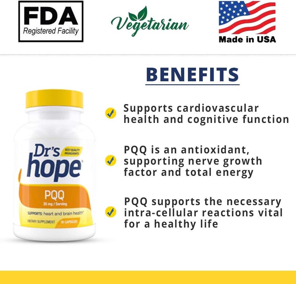 Premium 20mg PQQ Supplement for Cardiovascular & Brain Health - Gluten-Free, 30 Veg Capsules - Made in USA