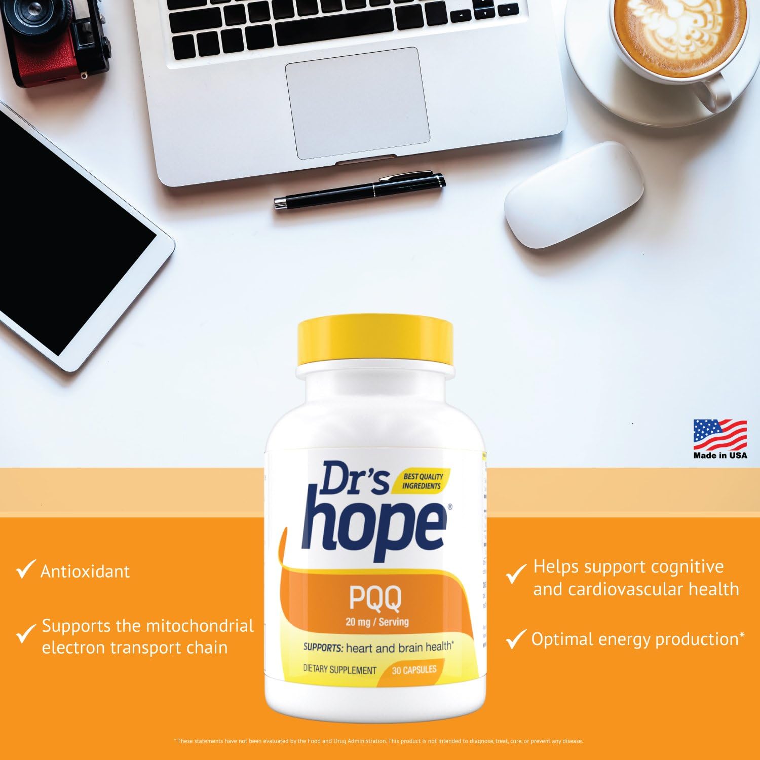 Premium 20mg PQQ Supplement for Cardiovascular & Brain Health - Gluten-Free, 30 Veg Capsules - Made in USA