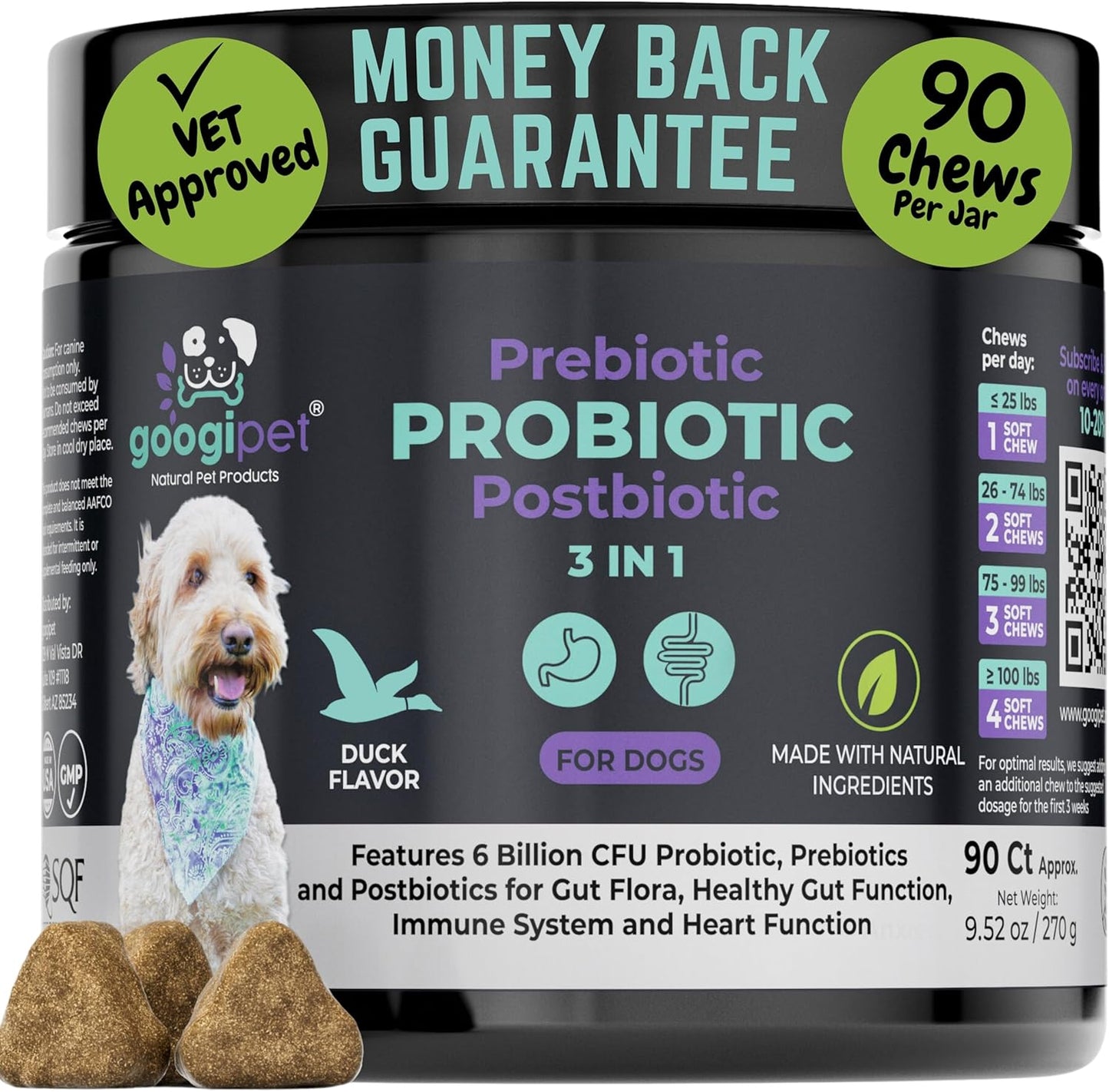 Premium 3-in-1 Probiotics for Dogs with Digestive Enzymes & Prebiotics - Natural Pet Supplement for Dog Diarrhea, Constipation, Allergies & Immunity - Googipet Dog Probiotic Chews