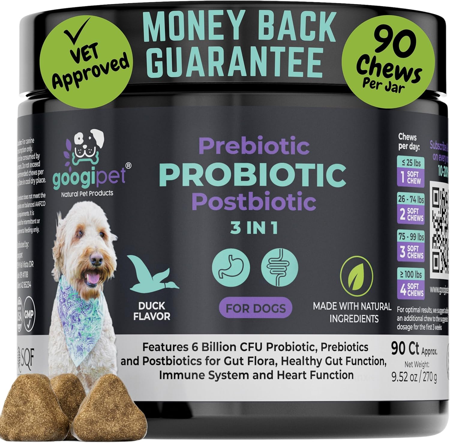 Premium 3-in-1 Probiotics for Dogs with Digestive Enzymes & Prebiotics - Natural Pet Supplement for Dog Diarrhea, Constipation, Allergies & Immunity - Googipet Dog Probiotic Chews