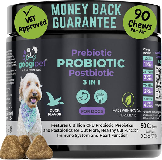 Premium 3-in-1 Probiotics for Dogs with Digestive Enzymes & Prebiotics - Natural Pet Supplement for Dog Diarrhea, Constipation, Allergies & Immunity - Googipet Dog Probiotic Chews