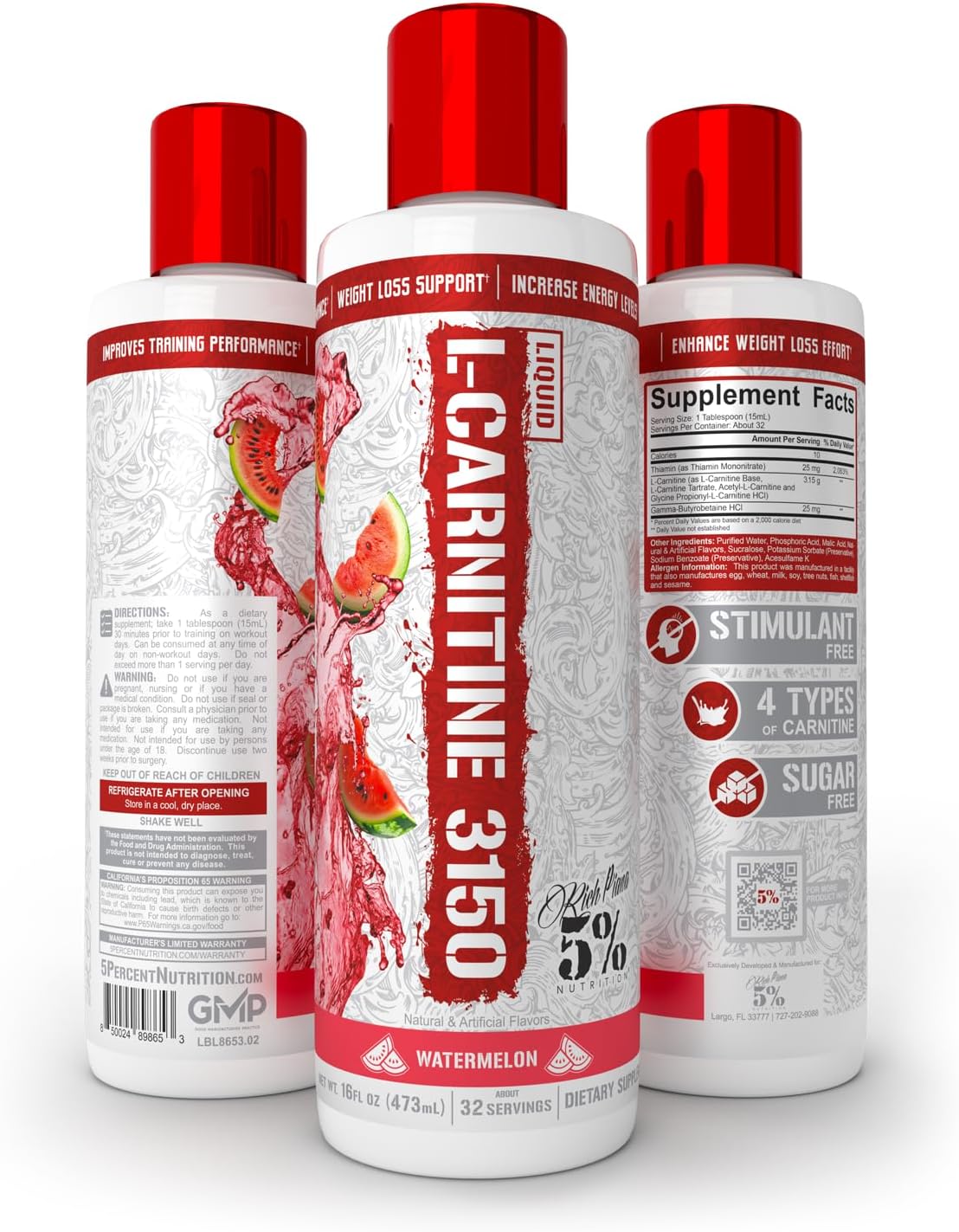 Premium 4 Source Blend Liquid L-Carnitine by 5% Nutrition Rich Piana - Boost Energy and Metabolism with GBB - Watermelon Candy Flavor