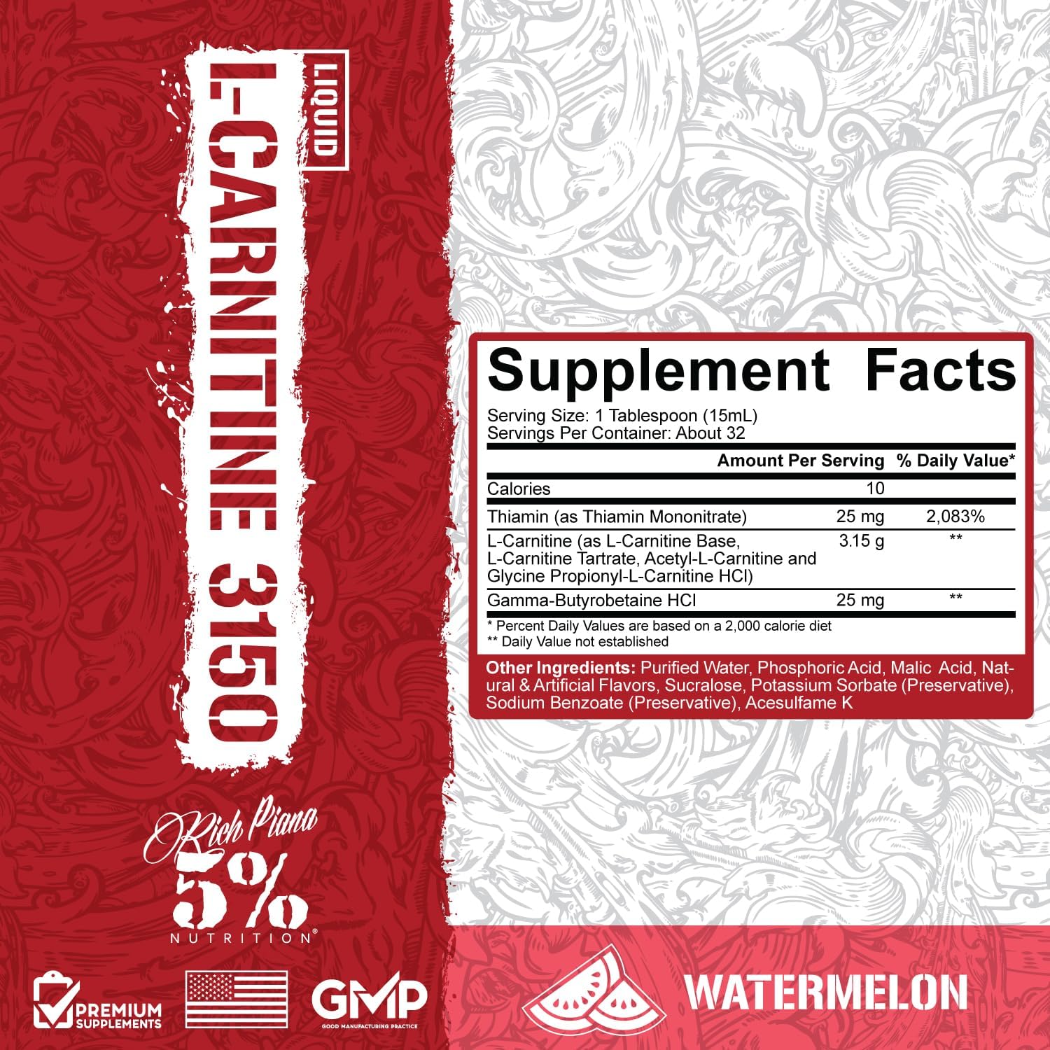 Premium 4 Source Blend Liquid L-Carnitine by 5% Nutrition Rich Piana - Boost Energy and Metabolism with GBB - Watermelon Candy Flavor