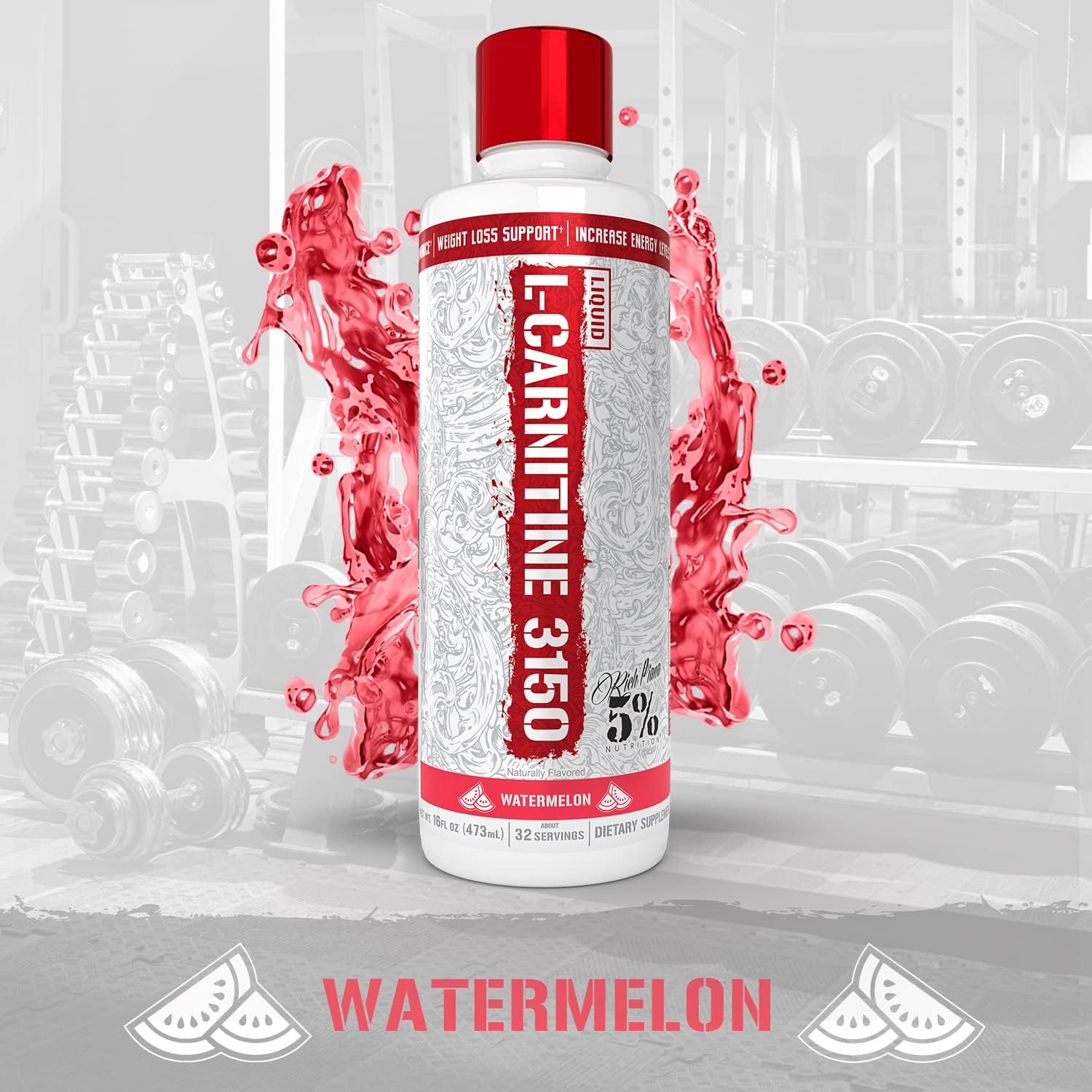 Premium 4 Source Blend Liquid L-Carnitine by 5% Nutrition Rich Piana - Boost Energy and Metabolism with GBB - Watermelon Candy Flavor