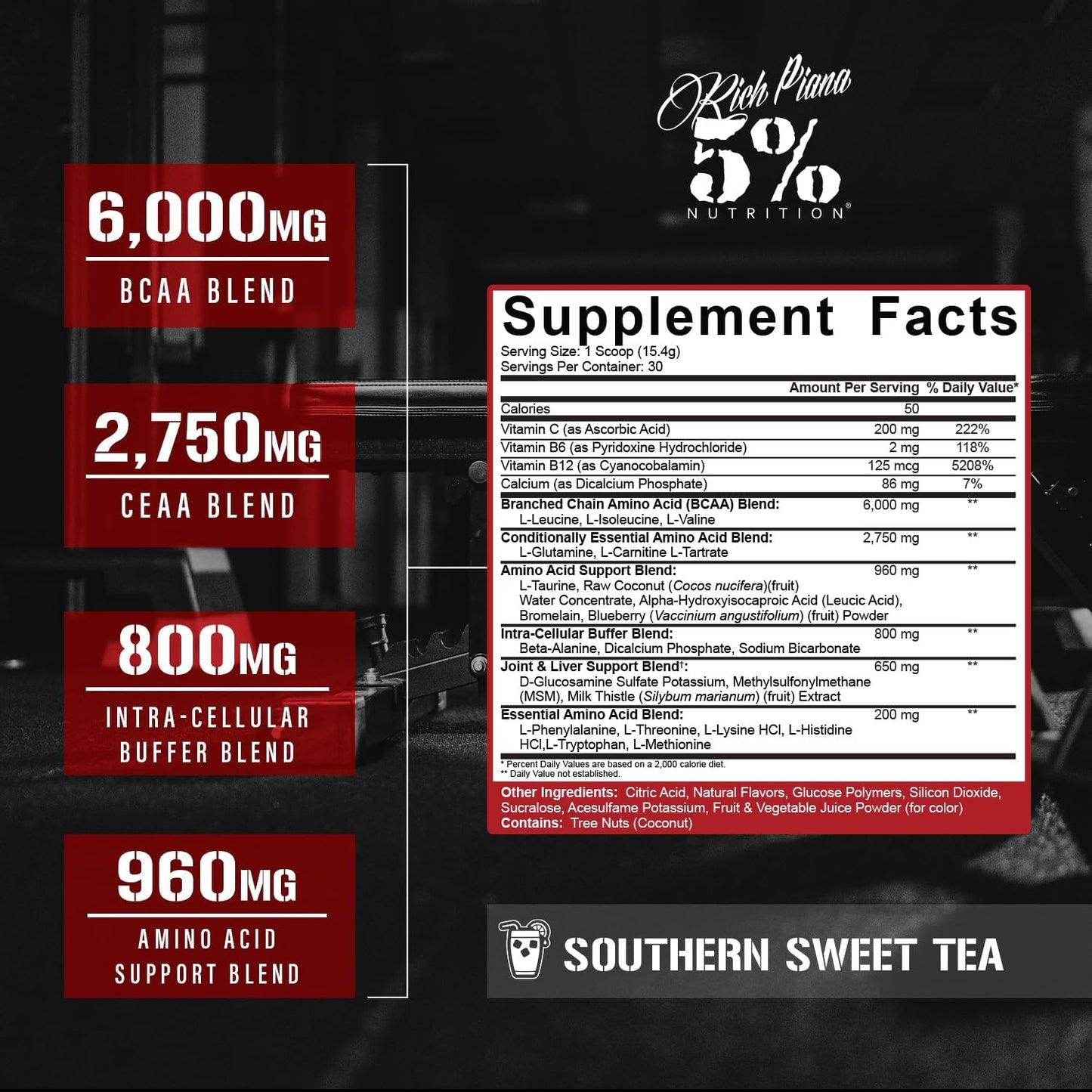 Premium 5% Nutrition Rich Piana AllDayYouMay BCAA Powder for Muscle Recovery & Hydration | Southern Sweet Tea Flavor | 16.3 oz, 30 Servings