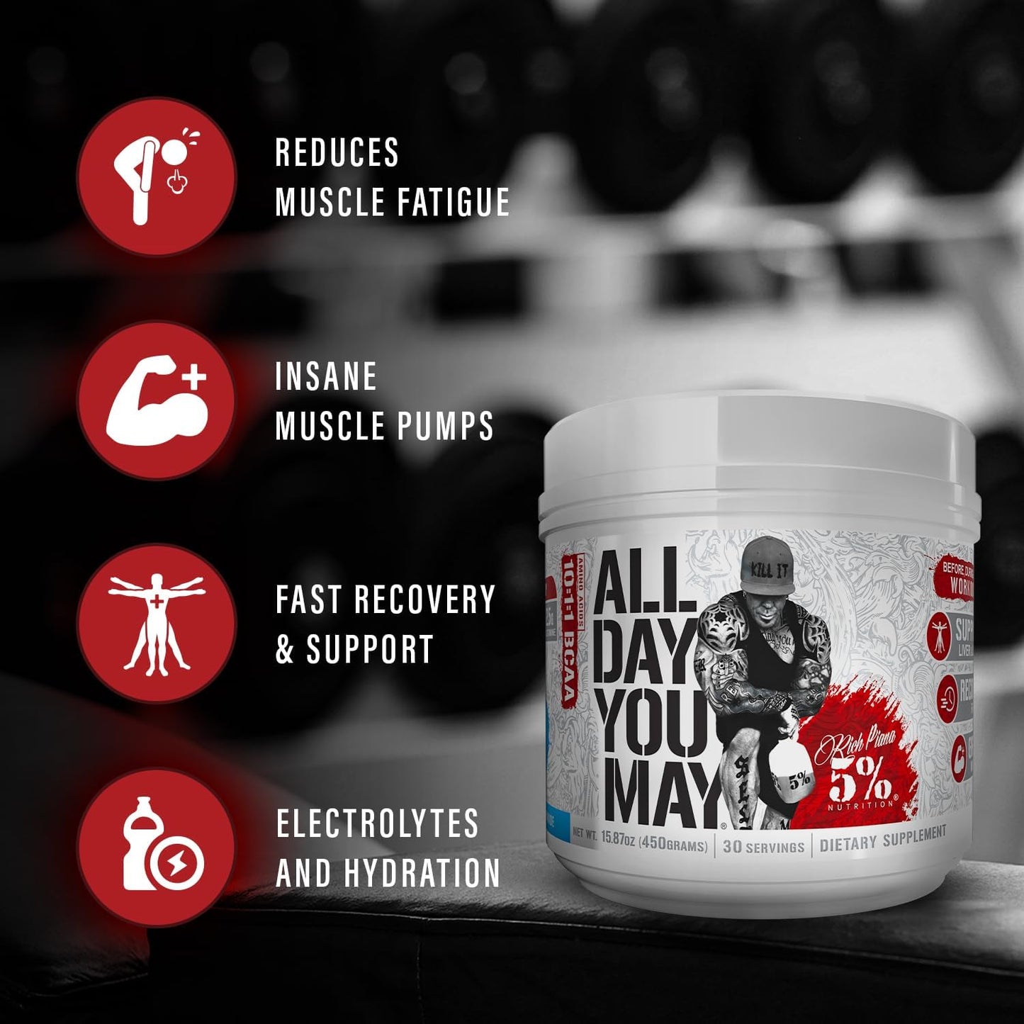Premium 5% Nutrition Rich Piana AllDayYouMay BCAA Powder for Muscle Recovery & Hydration | Southern Sweet Tea Flavor | 16.3 oz, 30 Servings
