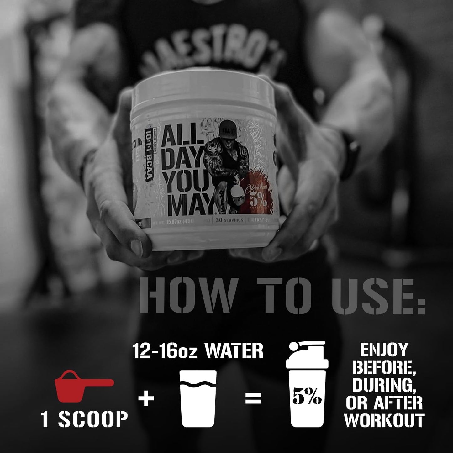 Premium 5% Nutrition Rich Piana AllDayYouMay BCAA Powder for Muscle Recovery & Hydration | Southern Sweet Tea Flavor | 16.3 oz, 30 Servings