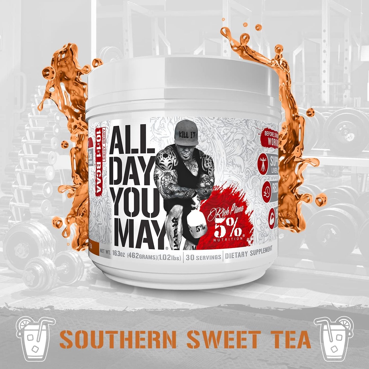 Premium 5% Nutrition Rich Piana AllDayYouMay BCAA Powder for Muscle Recovery & Hydration | Southern Sweet Tea Flavor | 16.3 oz, 30 Servings