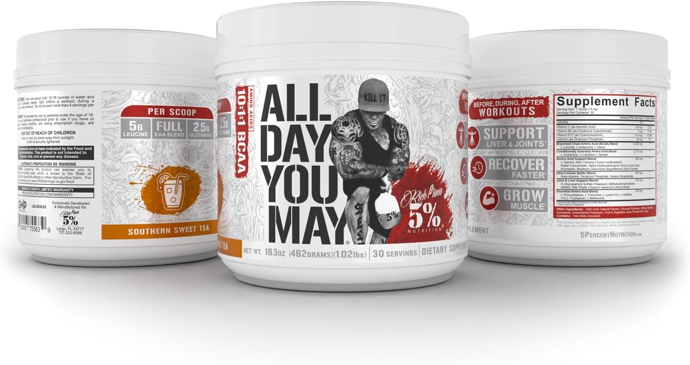 Premium 5% Nutrition Rich Piana AllDayYouMay BCAA Powder for Muscle Recovery & Hydration | Southern Sweet Tea Flavor | 16.3 oz, 30 Servings