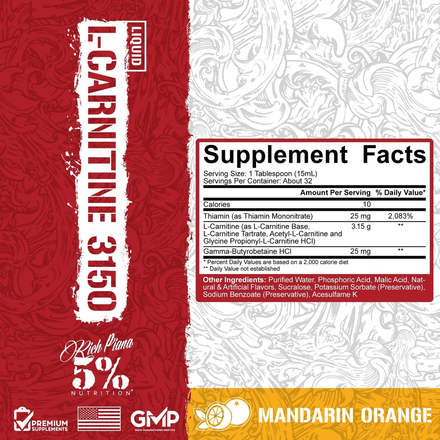 Premium 5% Nutrition Rich Piana Liquid L-Carnitine 3150 with 4 Source Blend and GBB for Ultimate Performance (Mandarin Orange)