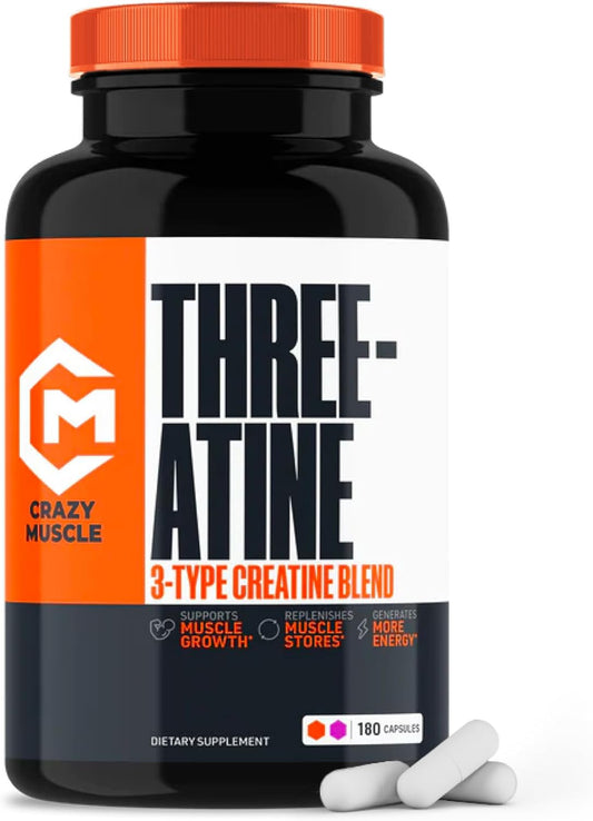 Premium 5g Creatine Capsules for Muscle Mass Gain, High Absorption 3X ThreeAtine Pre Workout Pills for Optimum Performance, 180 Capsules for Men and Women