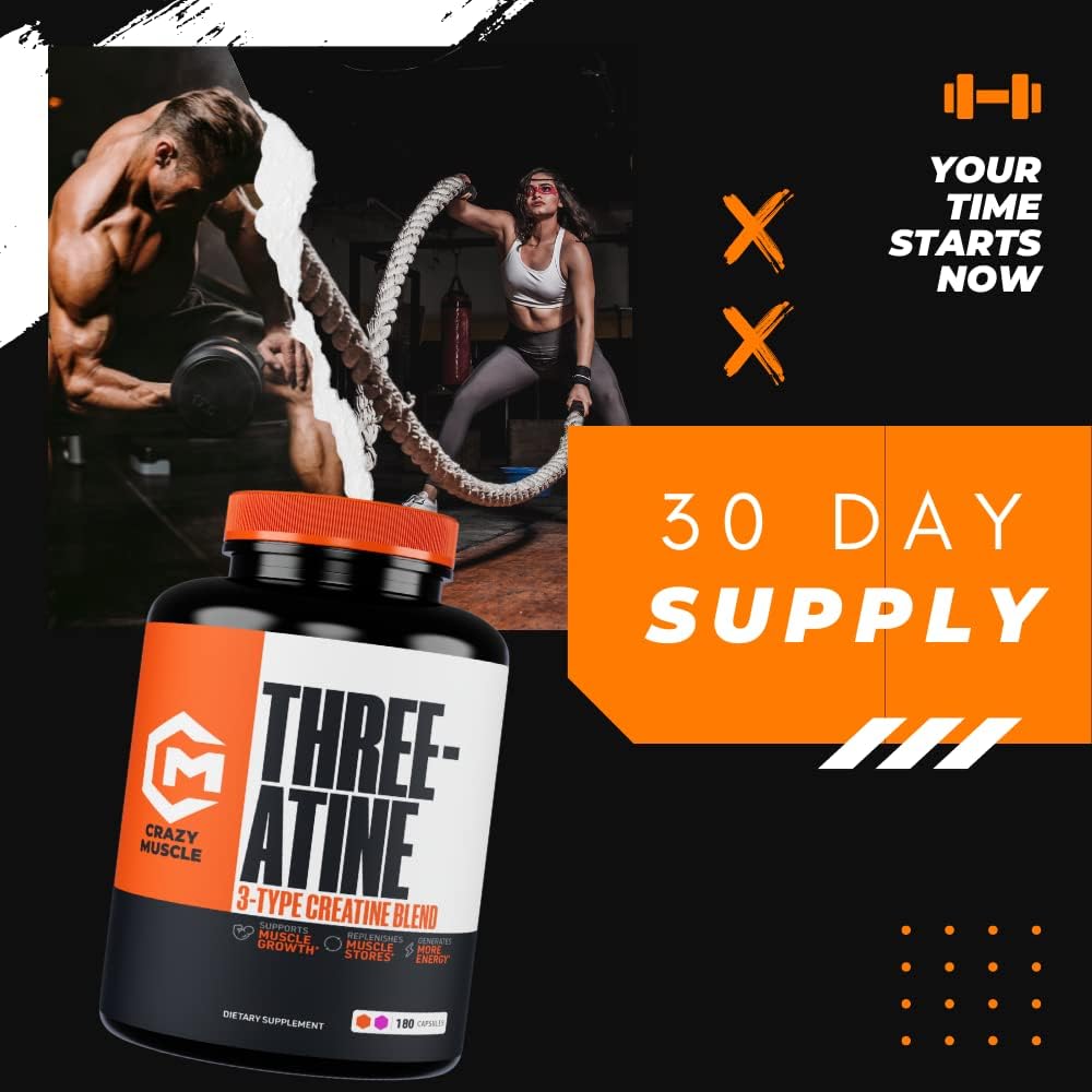 Premium 5g Creatine Capsules for Muscle Mass Gain, High Absorption 3X ThreeAtine Pre Workout Pills for Optimum Performance, 180 Capsules for Men and Women