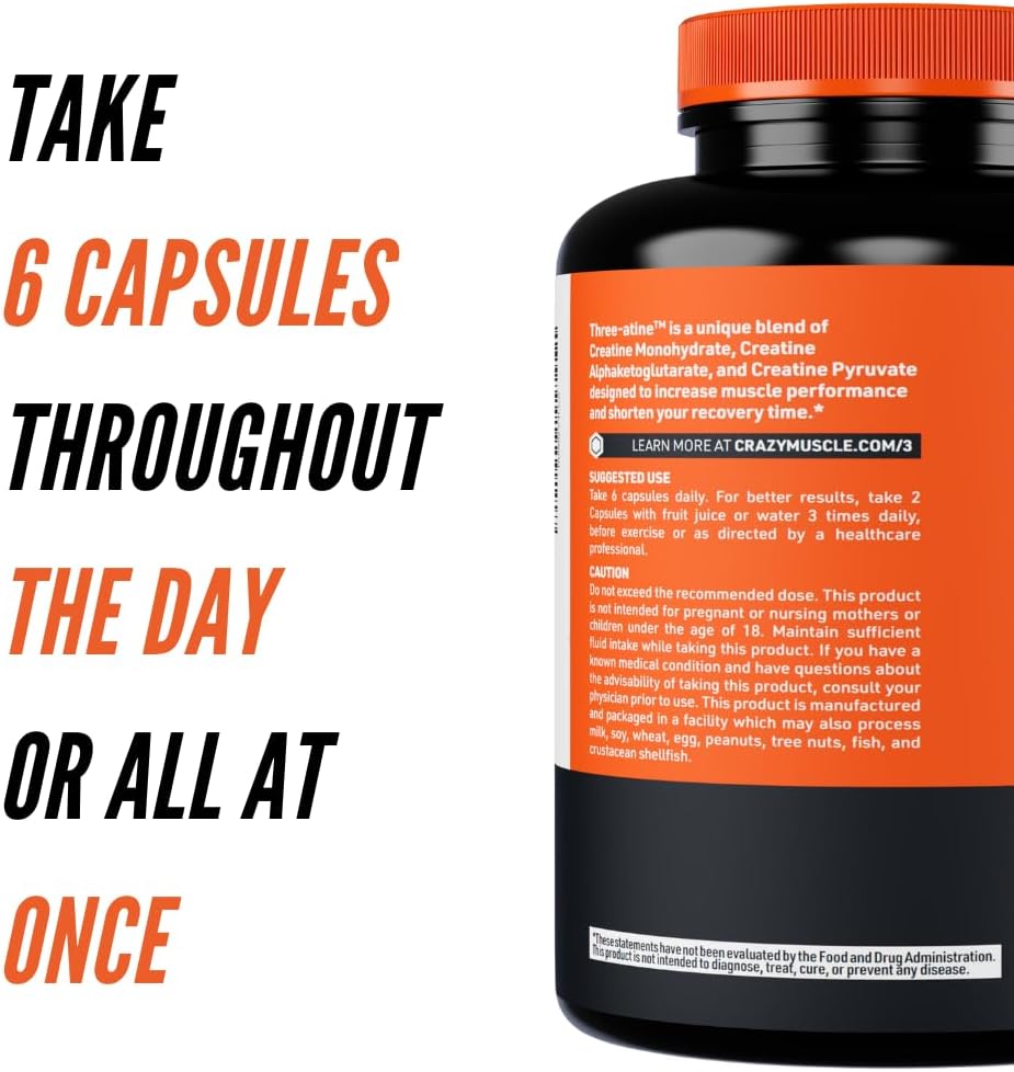 Premium 5g Creatine Capsules for Muscle Mass Gain, High Absorption 3X ThreeAtine Pre Workout Pills for Optimum Performance, 180 Capsules for Men and Women