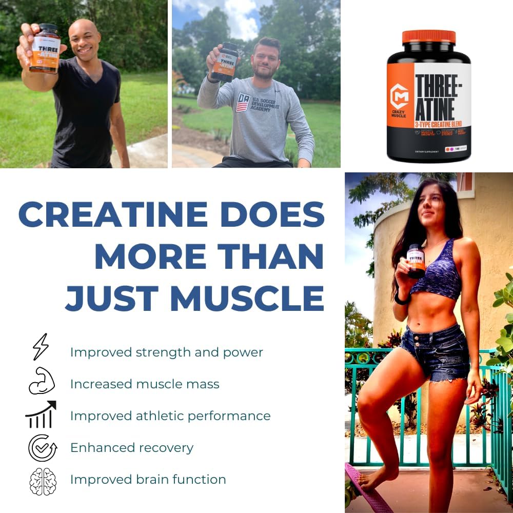 Premium 5g Creatine Capsules for Muscle Mass Gain, High Absorption 3X ThreeAtine Pre Workout Pills for Optimum Performance, 180 Capsules for Men and Women