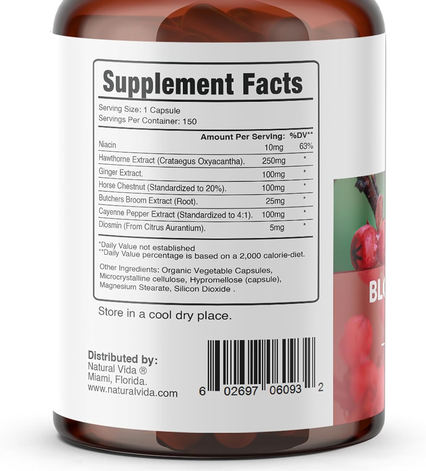 Premium 600mg Natural Vida Blood Circulation Supplement - 300 Capsules with Hawthorne, Ginger, Horse Chestnut, Butchers Broom, Cayenne, Diosmin for Improved Circulation