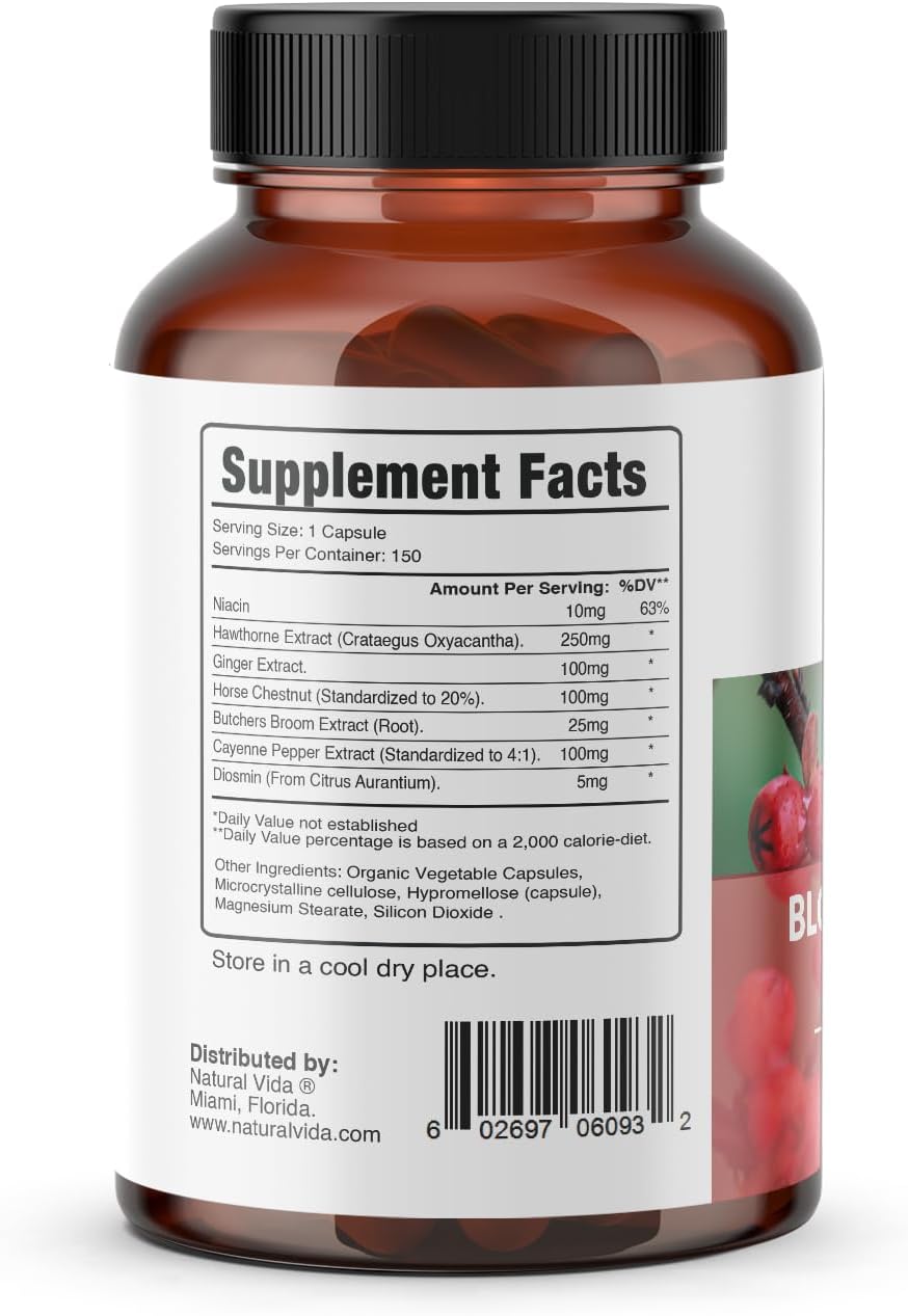 Premium 600mg Natural Vida Blood Circulation Supplement - 300 Capsules with Hawthorne, Ginger, Horse Chestnut, Butchers Broom, Cayenne, Diosmin for Improved Circulation