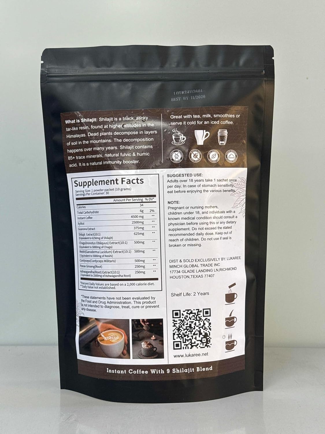 Premium 9-In-1 Shilajit Coffee Powder Supplement with Chaga, Reishi, Cordyceps, Panax Ginseng, Guarana Extract, and 85+ Trace Minerals - 30 Servings for Men & Women