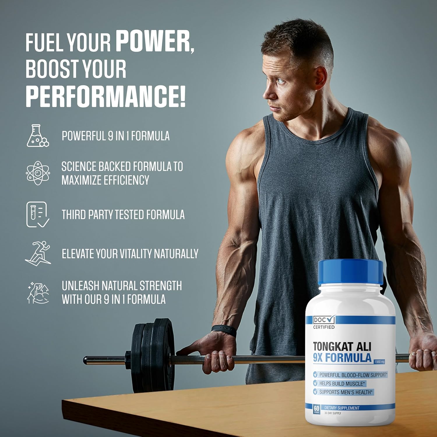 Premium 9-in-1 Tongkat Ali Supplement for Mood, Stamina, and Blood Flow - 60 Capsules | Doc Certified, USA Made, 3rd Party Tested