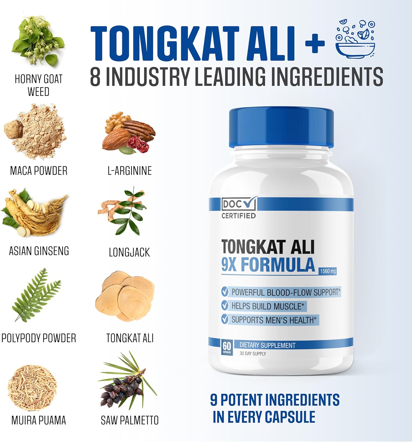 Premium 9-in-1 Tongkat Ali Supplement for Mood, Stamina, and Blood Flow - 60 Capsules | Doc Certified, USA Made, 3rd Party Tested