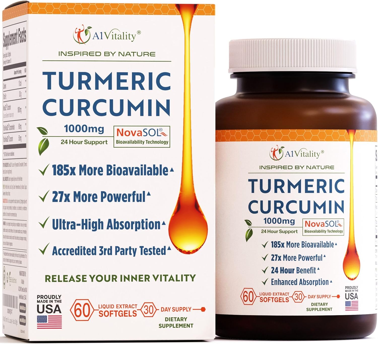 Premium A1Vitality Turmeric Curcumin NovaSOL 1000mg Softgels - Enhanced Joint Support Formula - 185x More Bioavailable - Natural Supplements