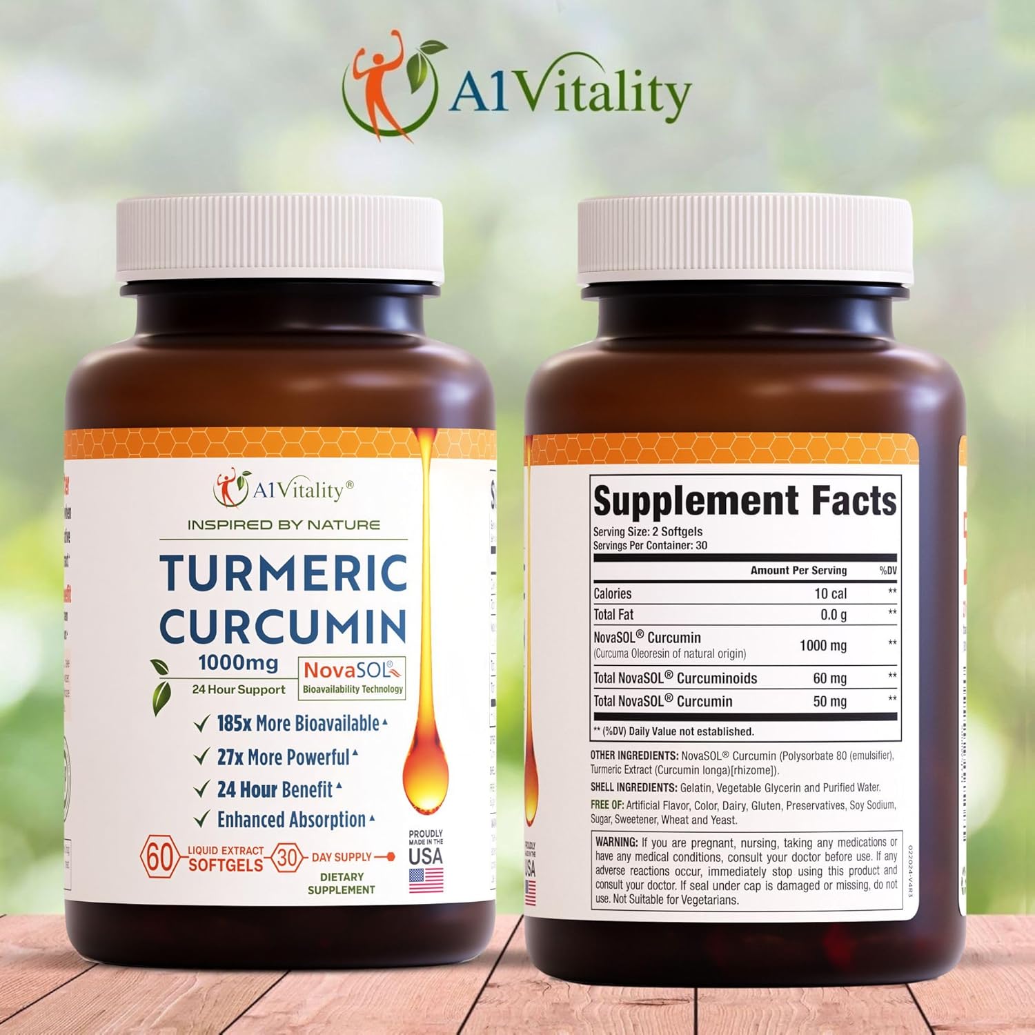 Premium A1Vitality Turmeric Curcumin NovaSOL 1000mg Softgels - Enhanced Joint Support Formula - 185x More Bioavailable - Natural Supplements