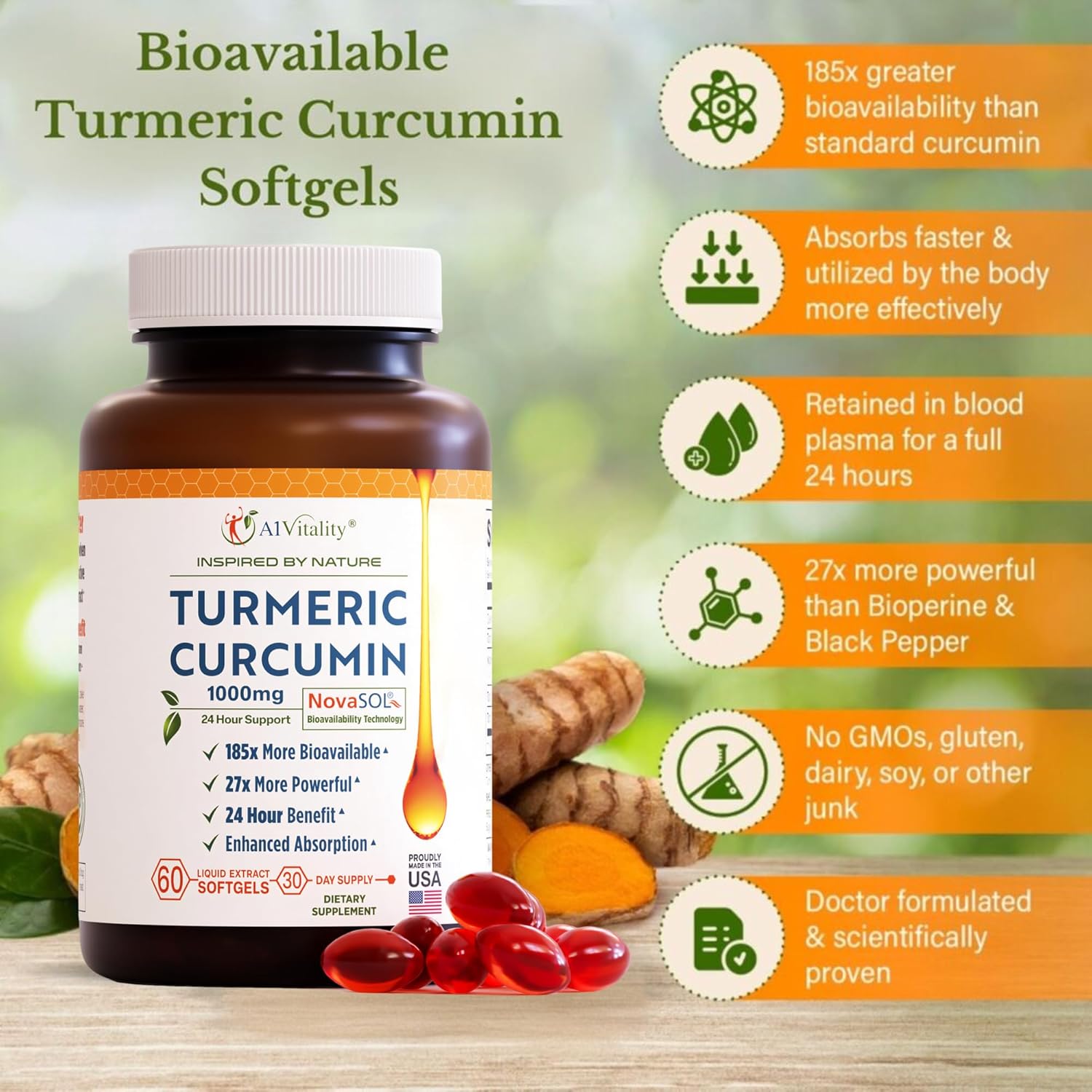 Premium A1Vitality Turmeric Curcumin NovaSOL 1000mg Softgels - Enhanced Joint Support Formula - 185x More Bioavailable - Natural Supplements