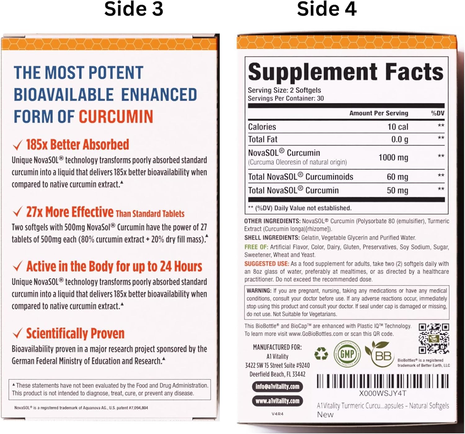 Premium A1Vitality Turmeric Curcumin NovaSOL 1000mg Softgels - Enhanced Joint Support Formula - 185x More Bioavailable - Natural Supplements