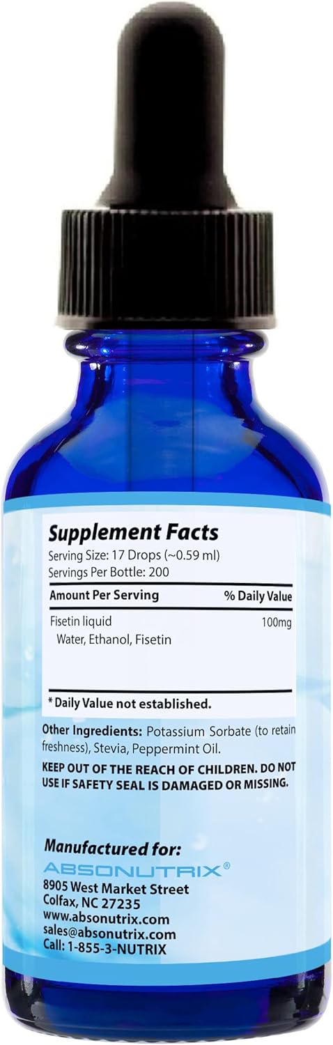 Premium Absonutrix Fisetin Liquid Supplement - 100mg, 4oz - 200 Servings - Made in USA - Fast Absorption - Quality Ingredients - Third-Party Tested - Non-GMO - GMP Certified - Cruelty-Free
