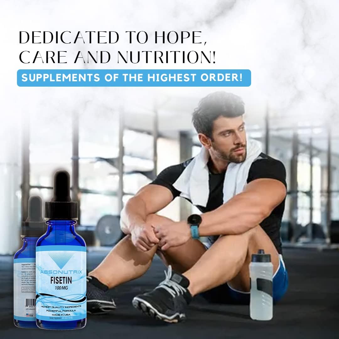 Premium Absonutrix Fisetin Liquid Supplement - 100mg, 4oz - 200 Servings - Made in USA - Fast Absorption - Quality Ingredients - Third-Party Tested - Non-GMO - GMP Certified - Cruelty-Free