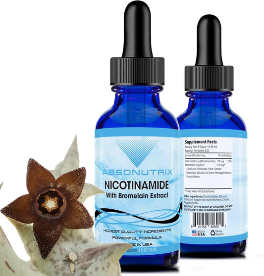 Premium Absonutrix Nicotinamide with Bromelain Extract Liquid - 390mg, 4oz, 302 Servings - USA Made, Fast Absorption, Potent Non-GMO Ingredients - GMP Certified