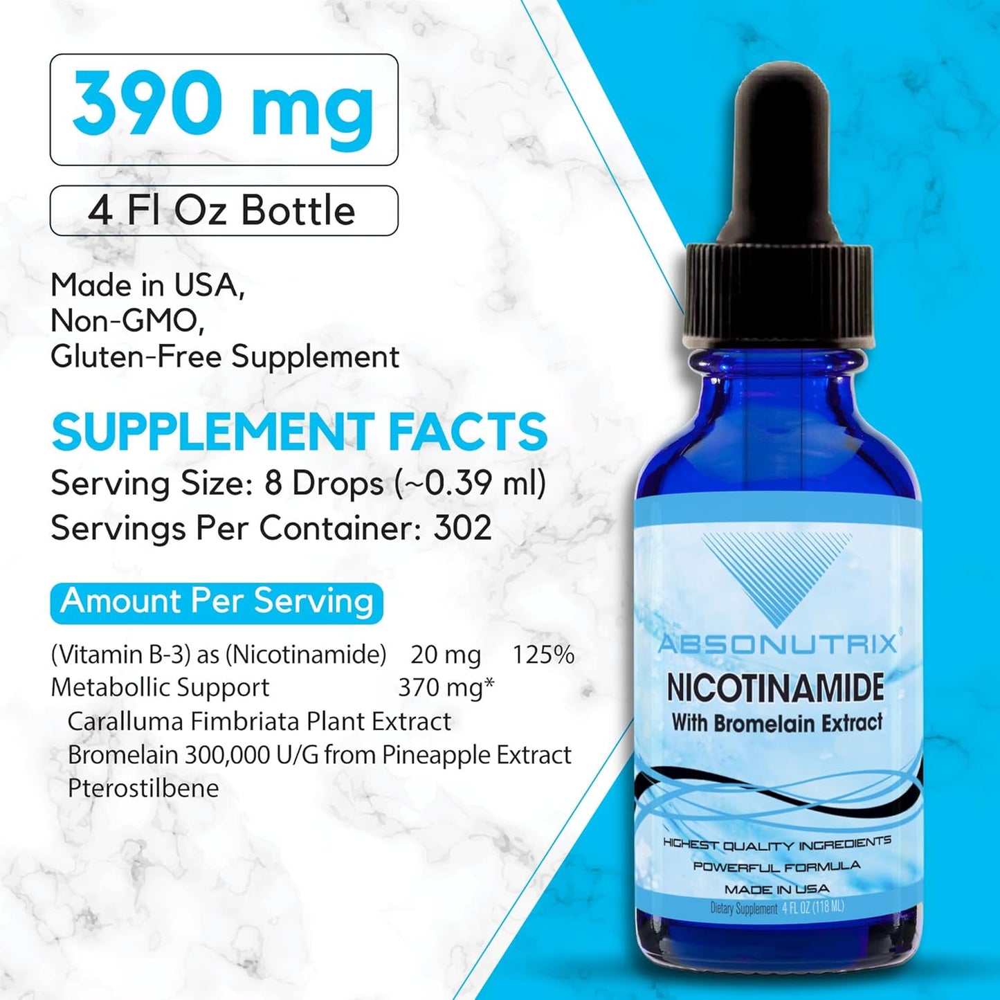 Premium Absonutrix Nicotinamide with Bromelain Extract Liquid - 390mg, 4oz, 302 Servings - USA Made, Fast Absorption, Potent Non-GMO Ingredients - GMP Certified