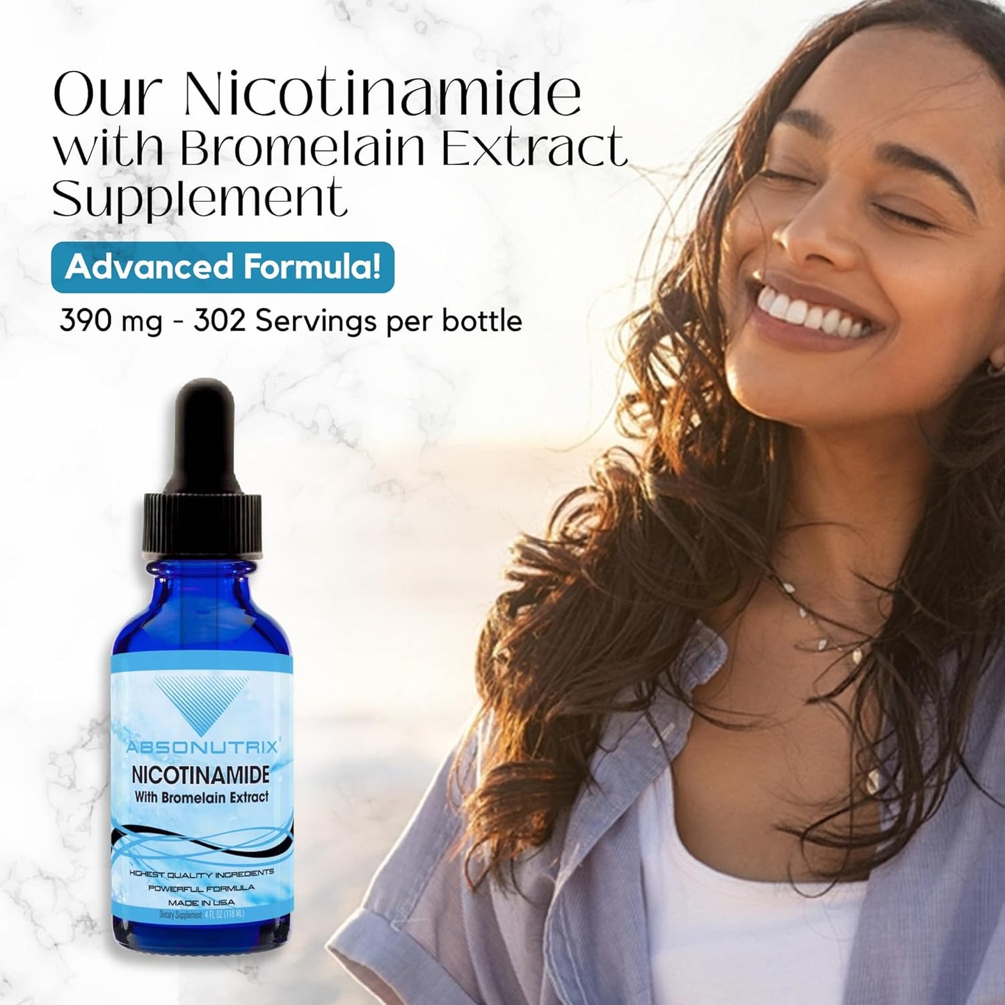 Premium Absonutrix Nicotinamide with Bromelain Extract Liquid - 390mg, 4oz, 302 Servings - USA Made, Fast Absorption, Potent Non-GMO Ingredients - GMP Certified