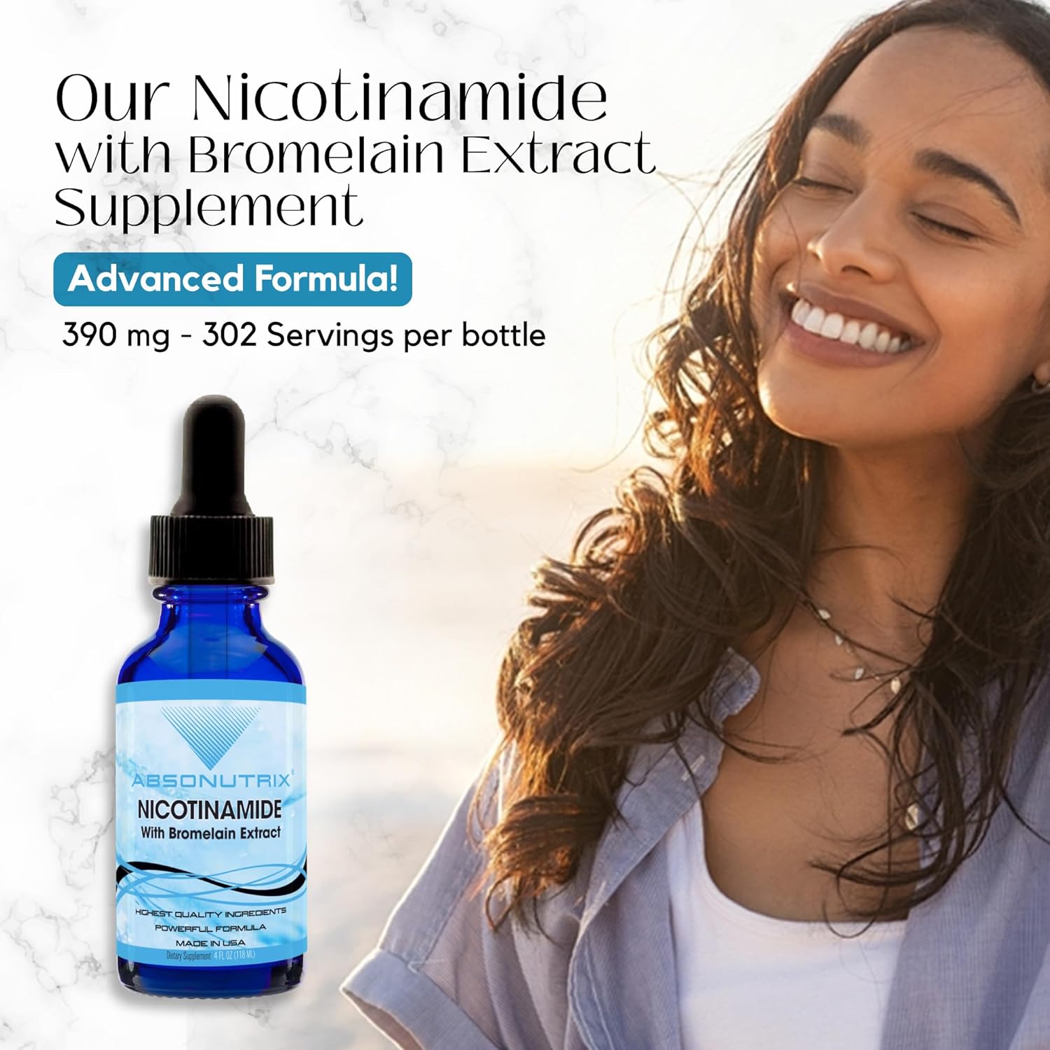 Premium Absonutrix Nicotinamide with Bromelain Extract Liquid - 390mg, 4oz, 302 Servings - USA Made, Fast Absorption, Potent Non-GMO Ingredients - GMP Certified