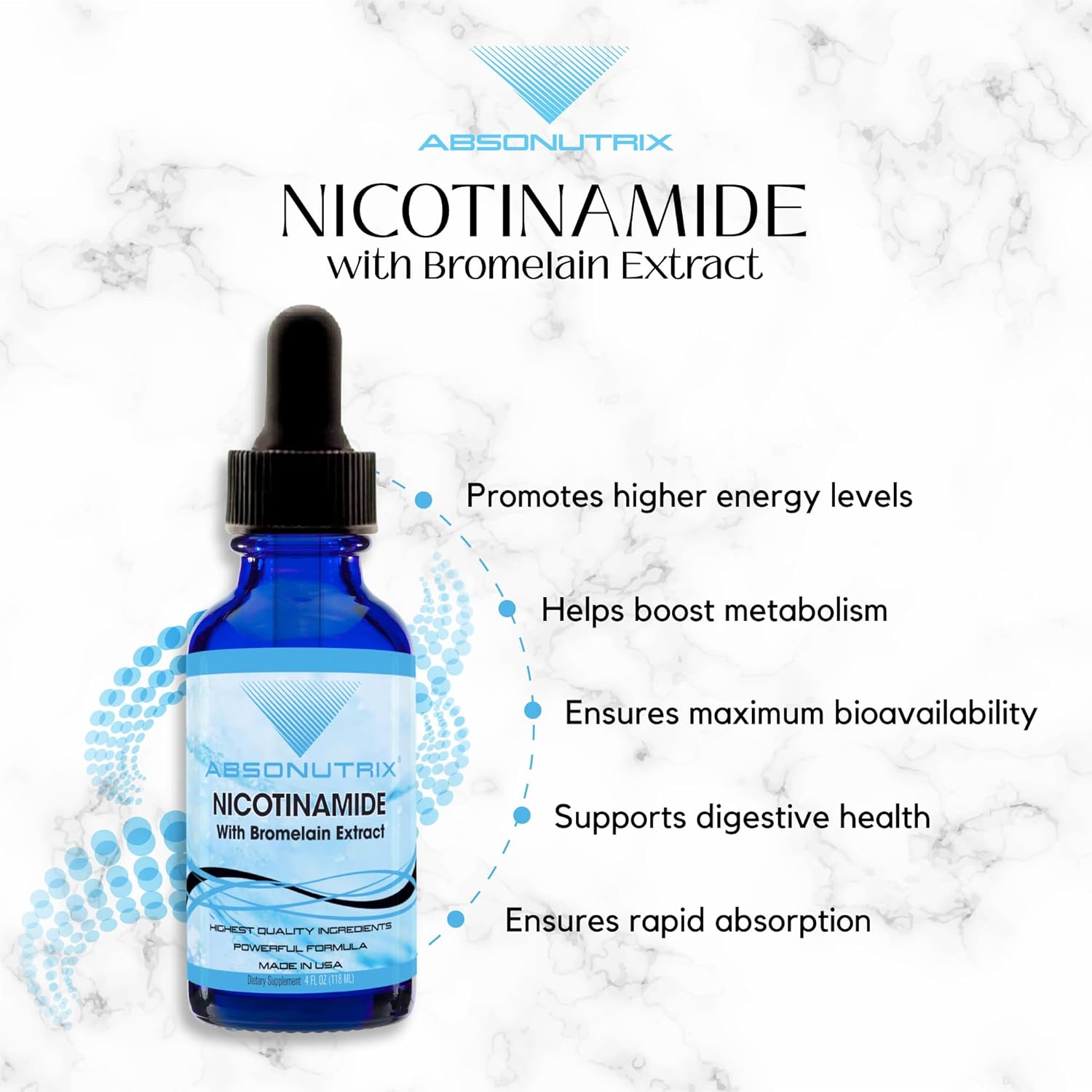 Premium Absonutrix Nicotinamide with Bromelain Extract Liquid - 390mg, 4oz, 302 Servings - USA Made, Fast Absorption, Potent Non-GMO Ingredients - GMP Certified