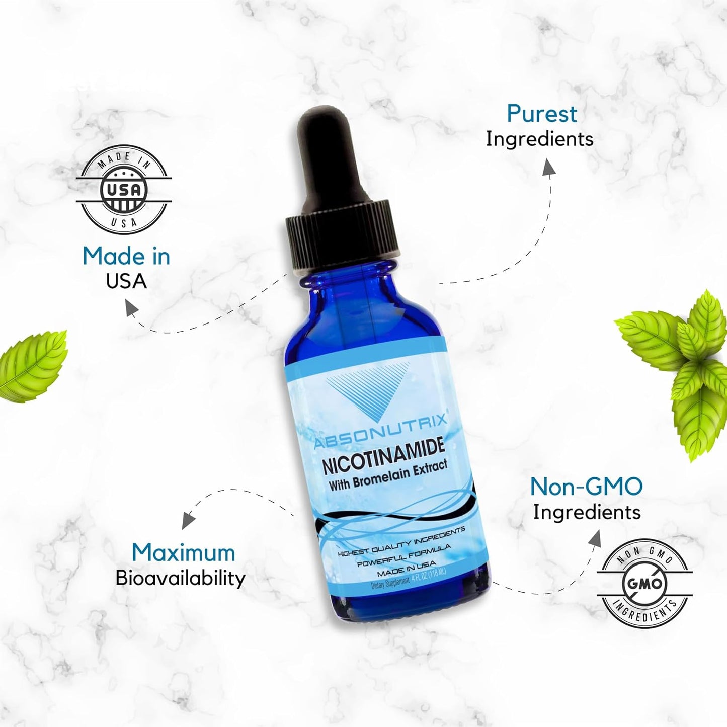 Premium Absonutrix Nicotinamide with Bromelain Extract Liquid - 390mg, 4oz, 302 Servings - USA Made, Fast Absorption, Potent Non-GMO Ingredients - GMP Certified