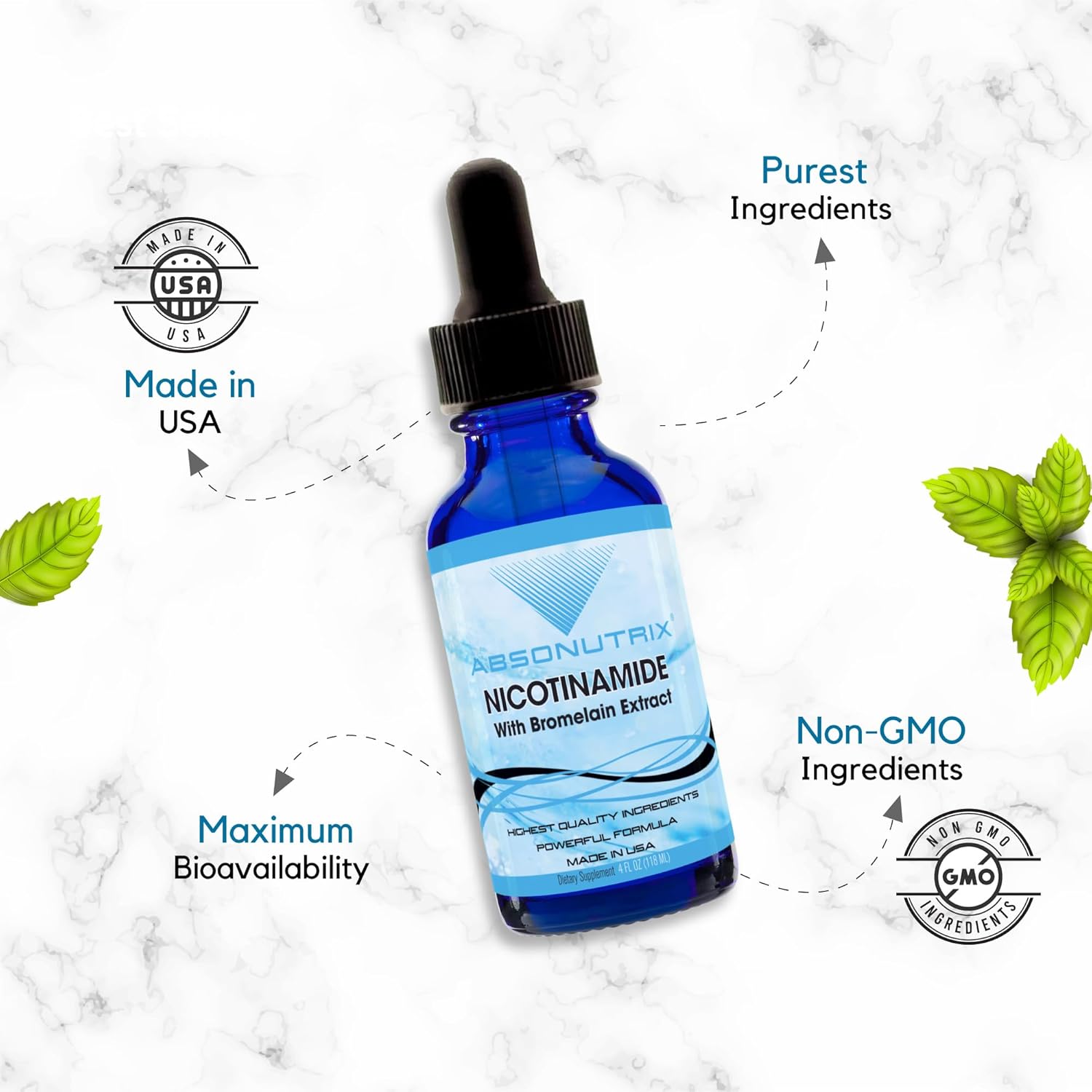 Premium Absonutrix Nicotinamide with Bromelain Extract Liquid - 390mg, 4oz, 302 Servings - USA Made, Fast Absorption, Potent Non-GMO Ingredients - GMP Certified