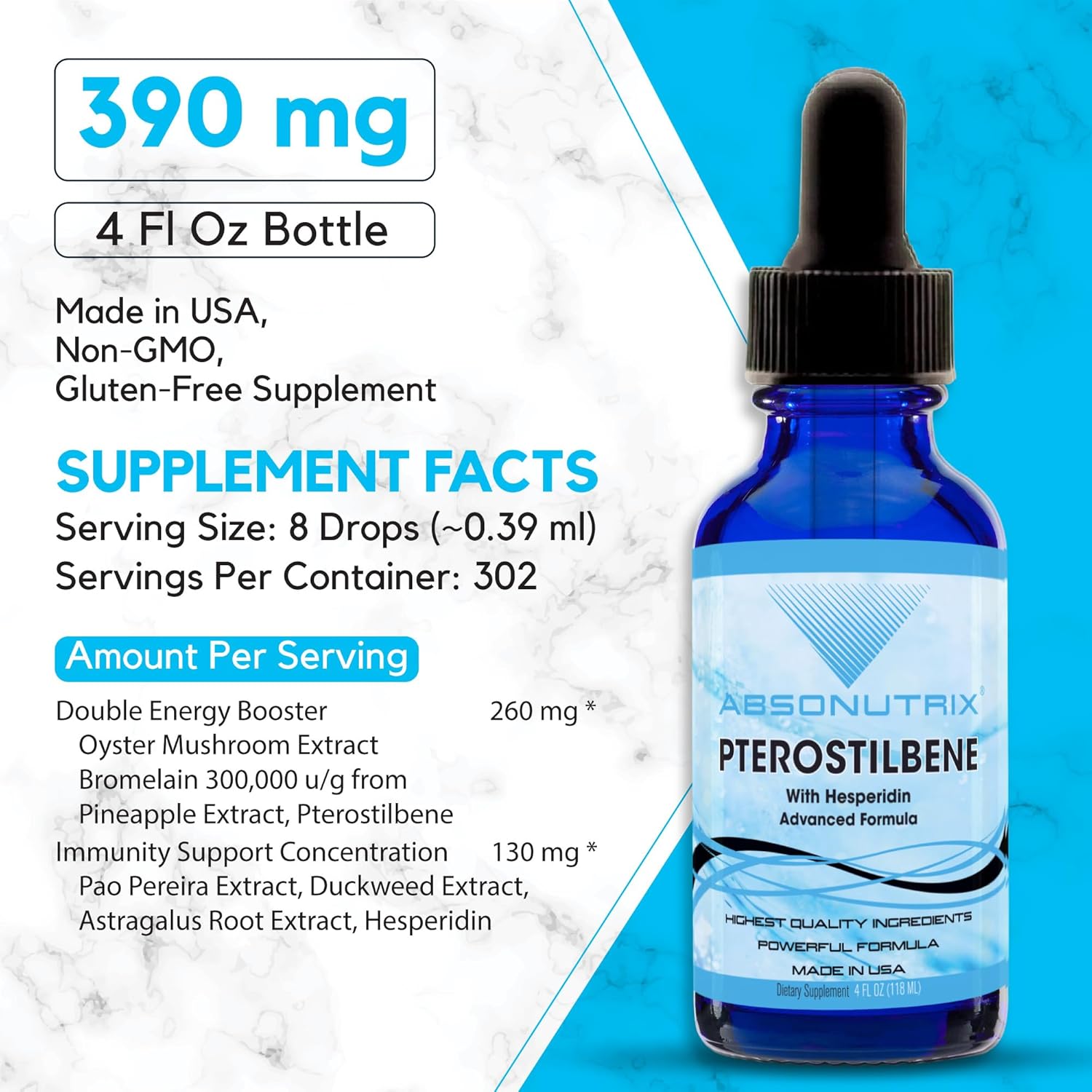 Premium Absonutrix Pterostilbene with Hesperidin Liquid - 390mg, 4oz - 300 Servings - USA Made - Fast Absorption - Non-GMO - GMP Certified - Cruelty-Free