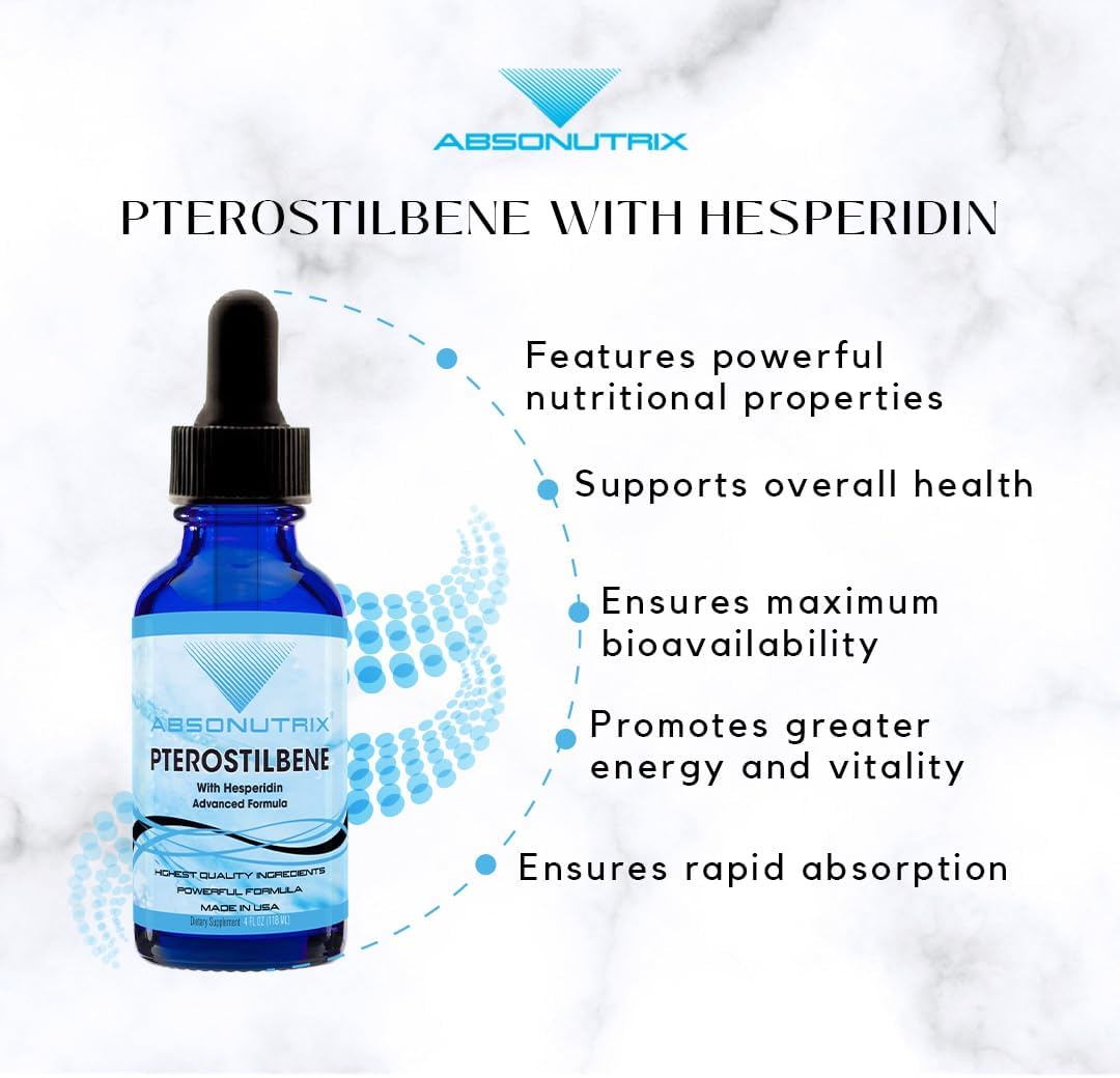Premium Absonutrix Pterostilbene with Hesperidin Liquid - 390mg, 4oz - 300 Servings - USA Made - Fast Absorption - Non-GMO - GMP Certified - Cruelty-Free