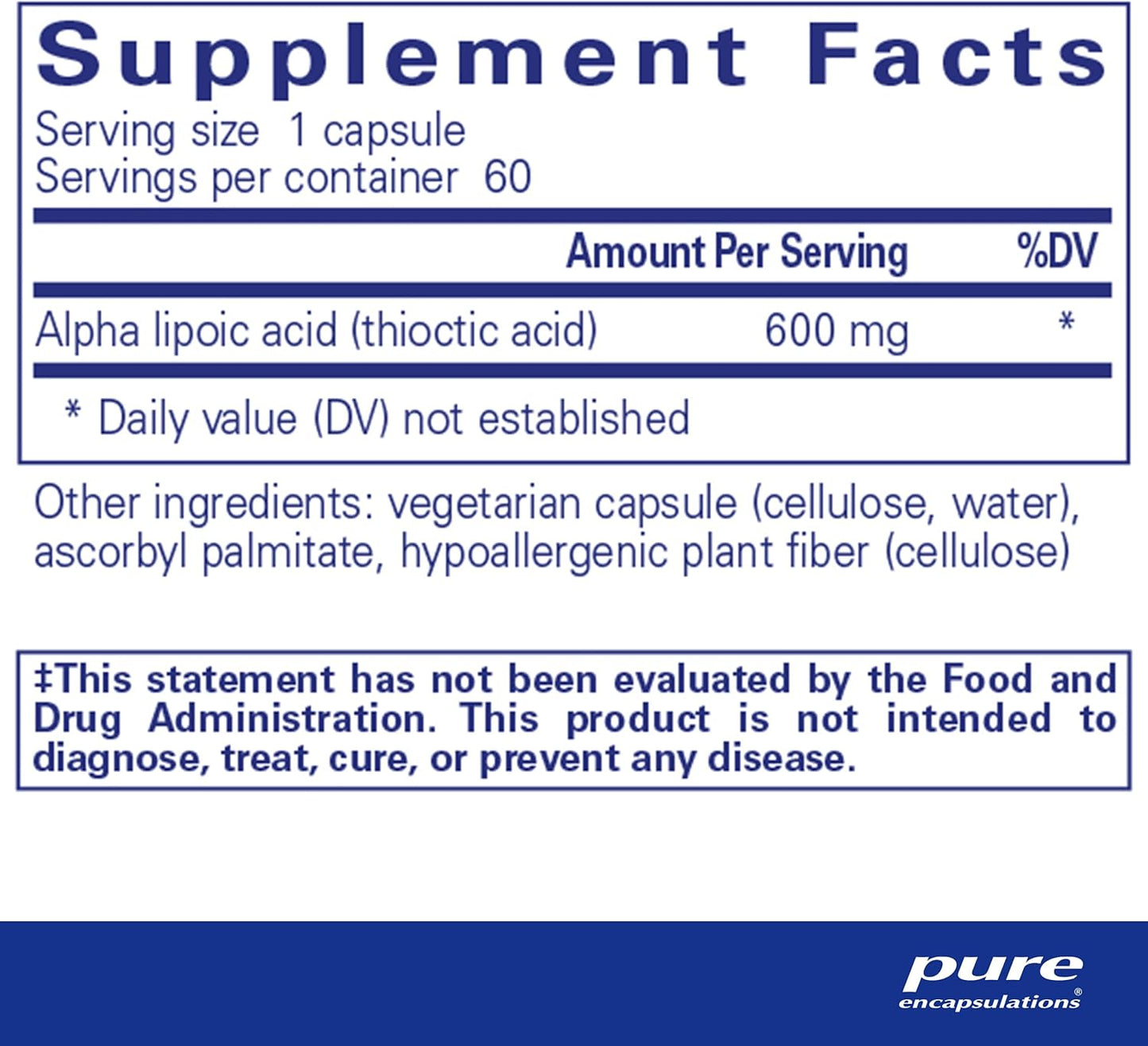 Premium Alpha Lipoic Acid 600mg Capsules - Liver, Antioxidant, Nerve, Cardio & Carb Support - Pure Encapsulations