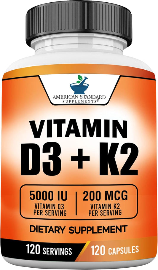 Premium American Standard Vitamin D3 5000 IU with Vitamin K2 (MK7) 200mcg - Gluten Free, Non-GMO - 120 Capsules, 120 Servings